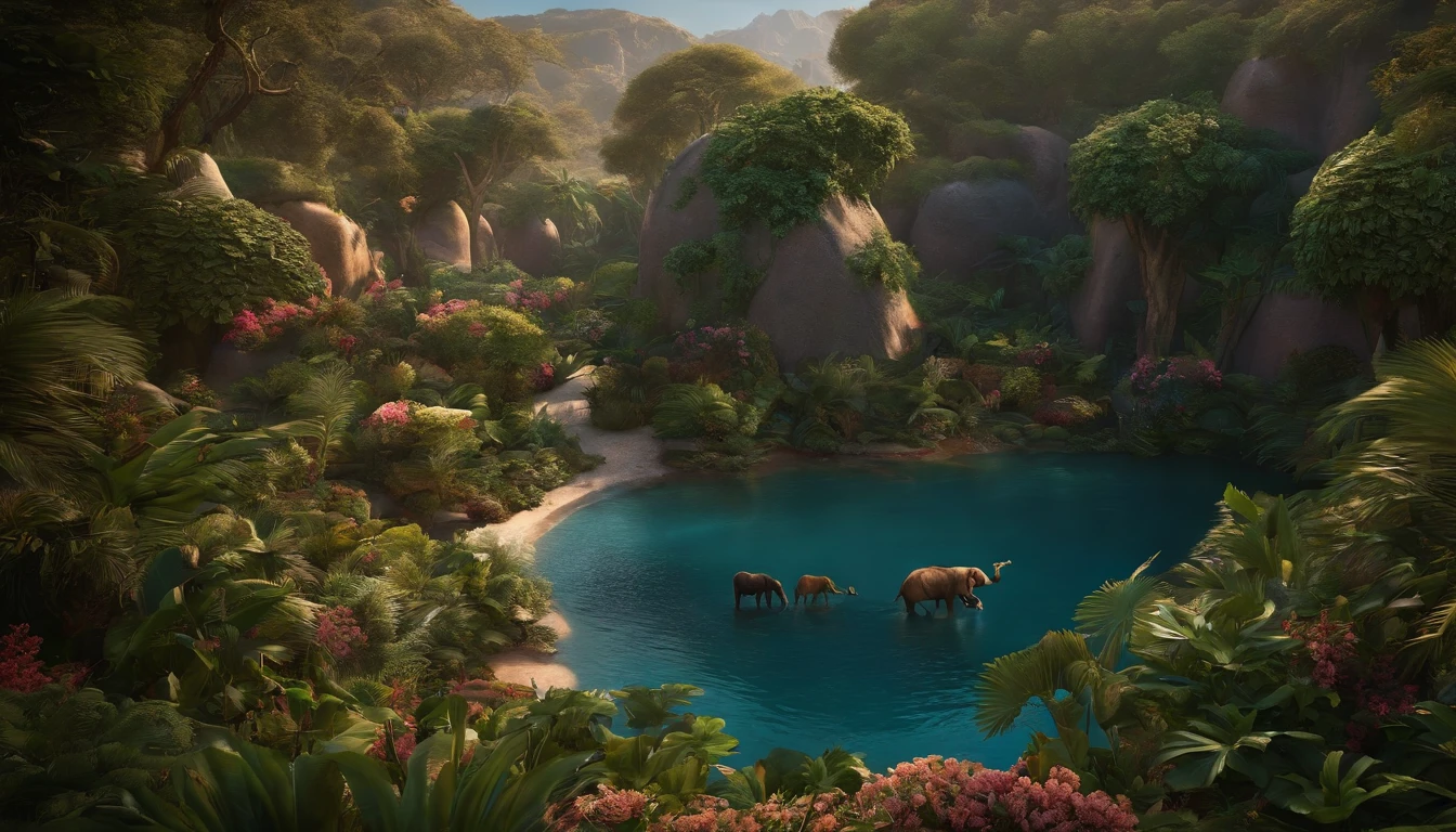 garden of eden, cercado por animais, extremamente detalhado 8k