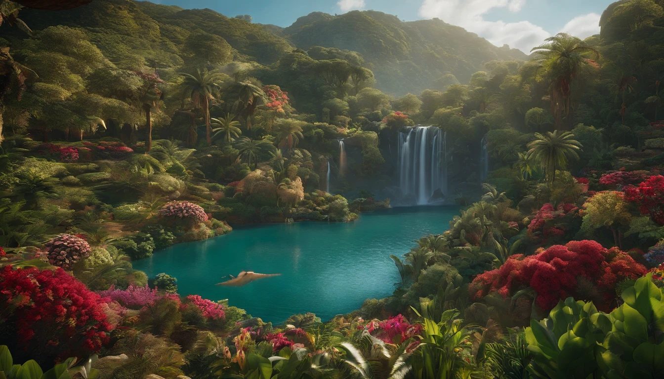 um jardim com rios, arvores, animais , plantas