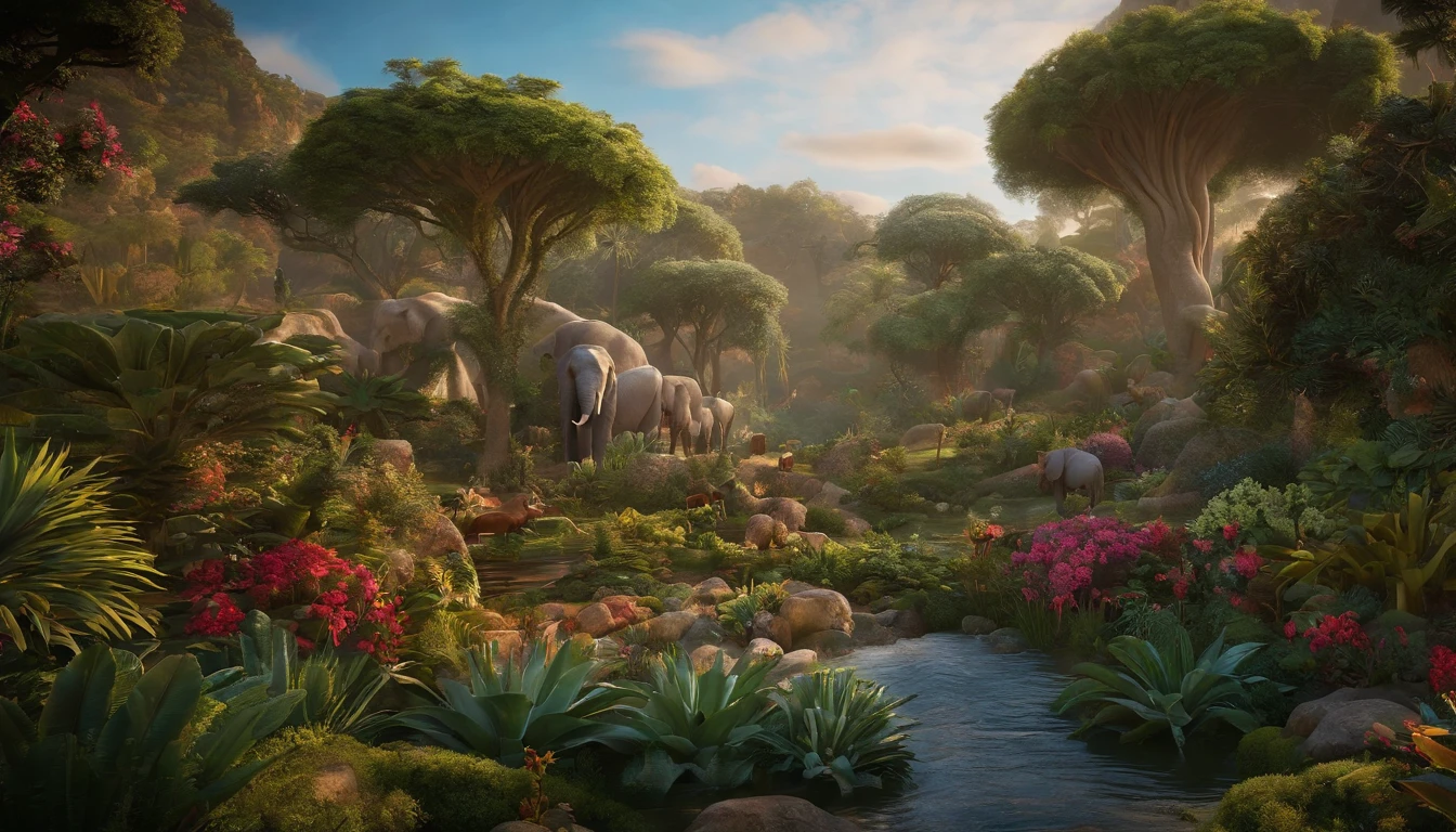 garden of eden, cercado por animais, extremamente detalhado 8k