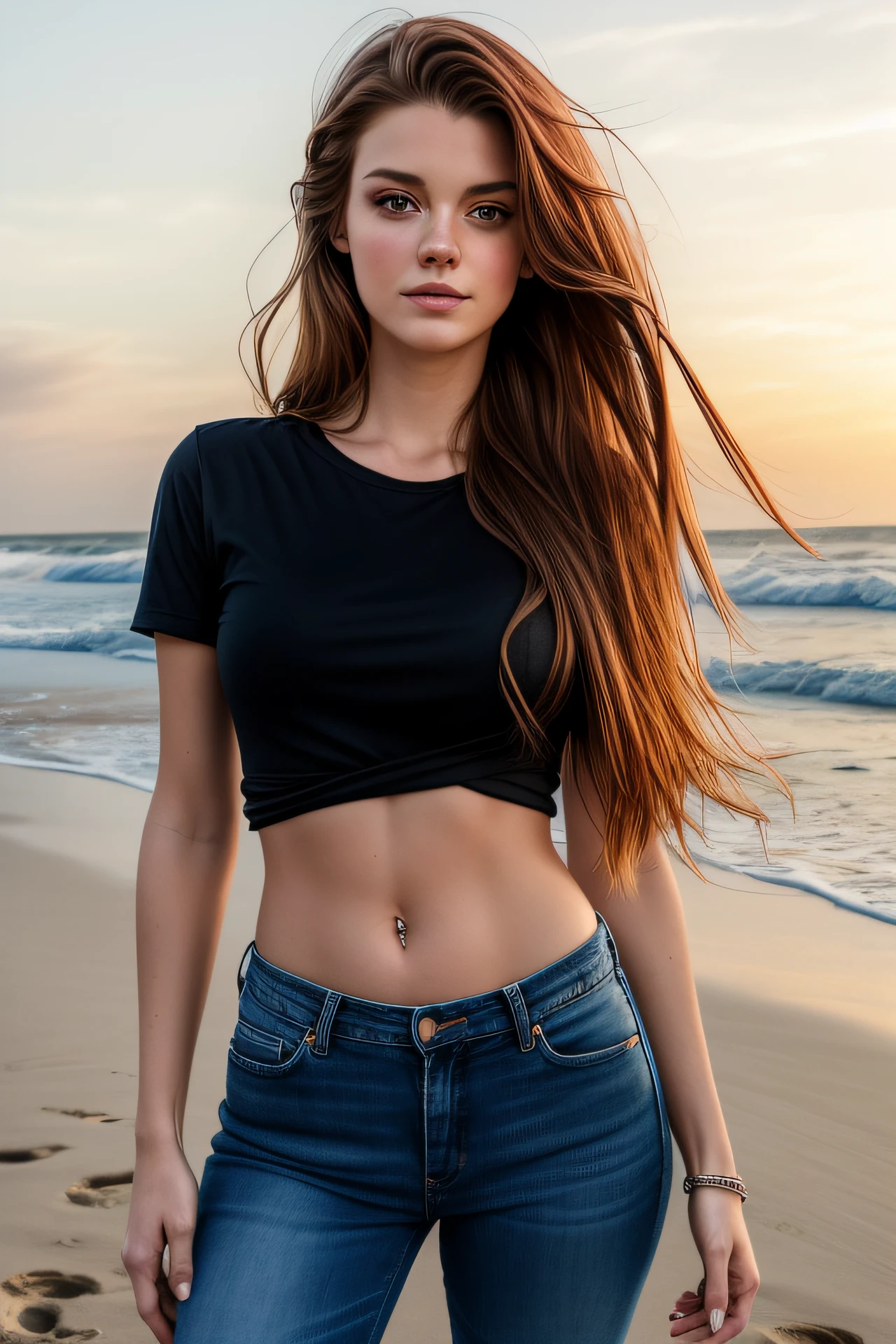 A photo ((portrait)) of a young woman standing on beach, looking at the viewer. long hair, thin lips, red, flirting with the camera. Wearing dark jeans and a black T-shirt.