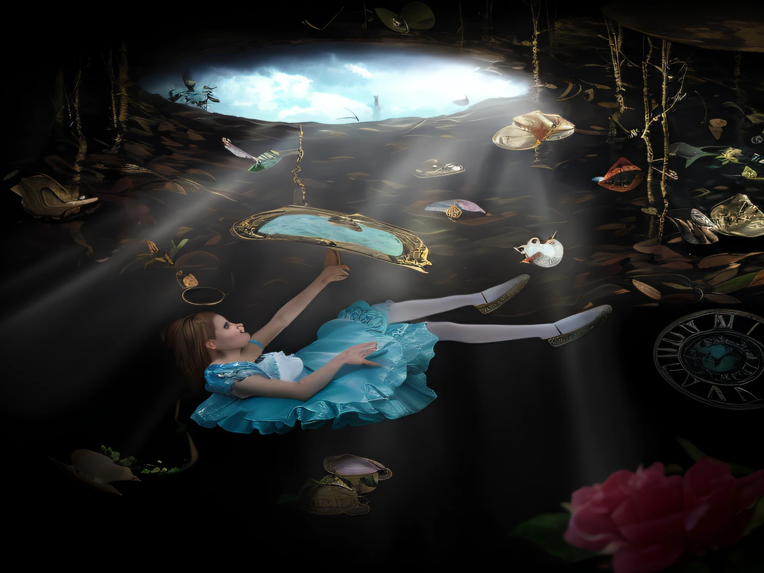 There is a girl in a blue dress floating in the water, Alice desce pela toca do coelho, inspirado em Alice Prin, Alice participa da Mad Tea Party, like alice in wonderland, alice in wonderland syndrome, inspirado em Alice Mason, alice in wonderland style, Alice, in wonderland, the theme of alice in wonderland, inspirado em Alice Rahon, Alice in Wonderland