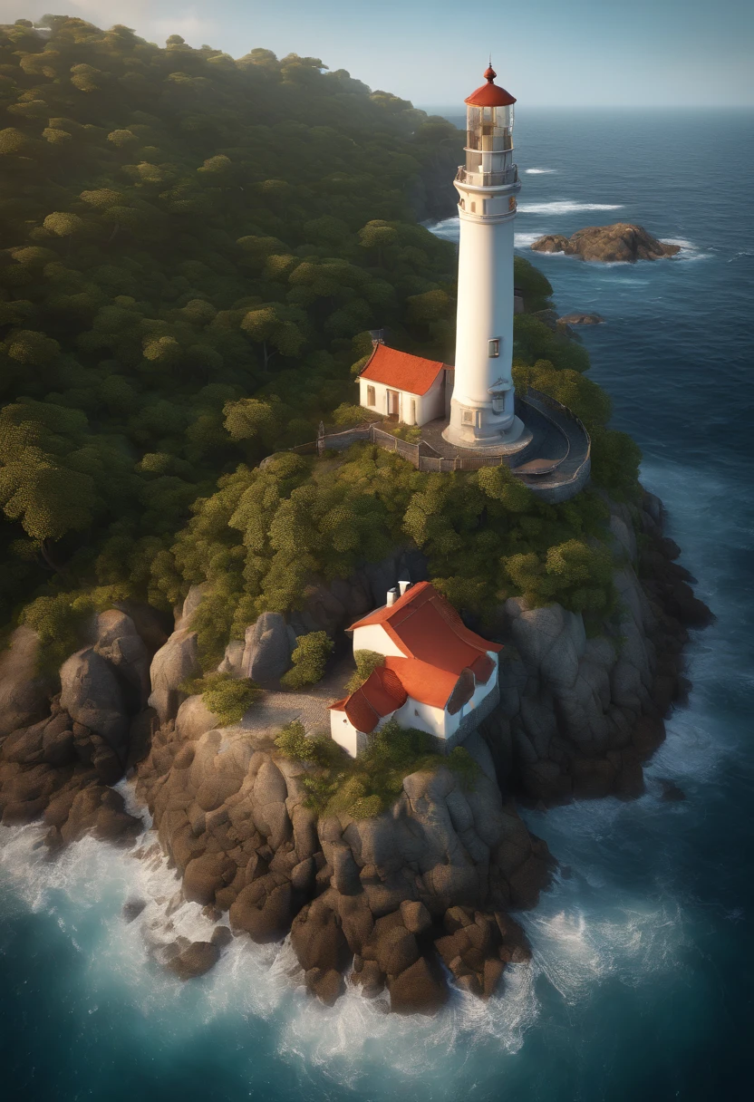 a lighthouse sitting on a small island in the ocean, in the style of photorealistic fantasies, cryengine, birds-eye-view, reefwave, tiago hoisel, backlight, realistic, photo, digital art, fantasy --v 5.2