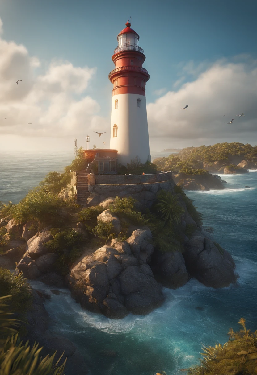 a lighthouse sitting on a small island in the ocean, in the style of photorealistic fantasies, cryengine, birds-eye-view, reefwave, tiago hoisel, backlight, realistic, photo, digital art, fantasy --v 5.2