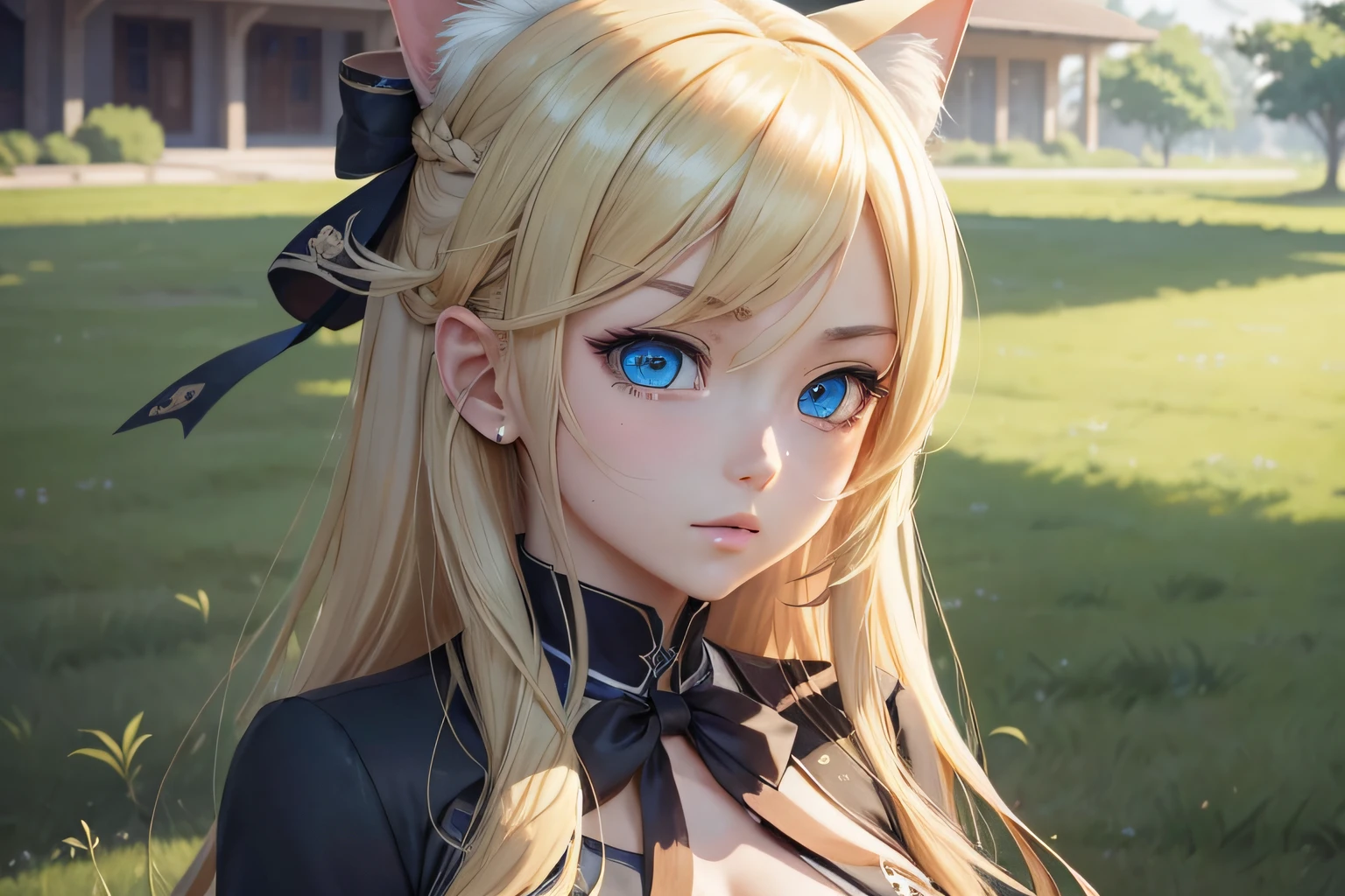 Anime girl with blonde hair and blue eyes in black suit, blonde anime girl with long hair, In an anime style, Anime Moe Artstyle, anime style portrait, Cute anime girl, an anime girl, cute natural anime face, beautiful anime high school girl, (Anime Girl), extremely cute anime girl face, attractive anime girls, Cat's ears, Final Fantasy, bow ribbon, Anime, Art deco, hard disk, Best Quality, hight resolution, Textured Skin BREAK (masutepiece:1.2), Best Quality, High resolution, unity wallpaper, (Beautiful detailed eyes:1.6), extra detailed face, Perfect Lighting, extremely details CG, (Perfect hands, Perfect Anatomy), grass field, (Illustration:0.8), high details, award winning, HD