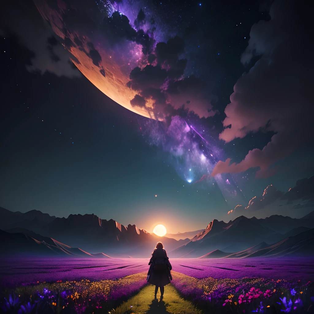 A wide landscape photo, (viewed from below, the sky is above, and the open field is below), a girl standing on a flower field looking up, (full moon: 1.2), (meteor: 0.9), (nebula: 1.3), distant mountains , Trees BREAK Crafting Art, (Warm Light: 1.2), (Firefly: 1.2), Lights, Lots of Purple and Orange, Intricate Details, Volumetric Lighting BREAK (Masterpiece: 1.2), (Best Quality), 4k, Ultra Detailed, (Dynamic Composition: 1.4), Rich in Detail and Color, (Rainbow Color: 1.2), (Glow, Atmospheric Lighting), Dreamy, Magical, (Solo: 1.2)