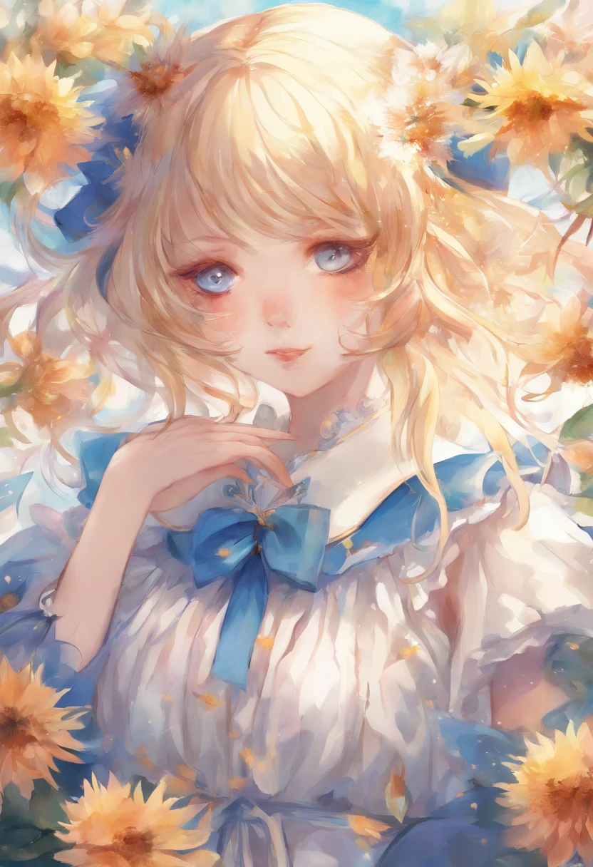 (Acuarelas:1.2),1girll, solamente, Flor, Girasol,peca, retrato, Hojas, flequillo, flor rosa, (Oro claro largo) cabello, ((Delicados ojos azules)), pelo entre los ojos, ((Sakuya Izayoi)), ((Touhou))