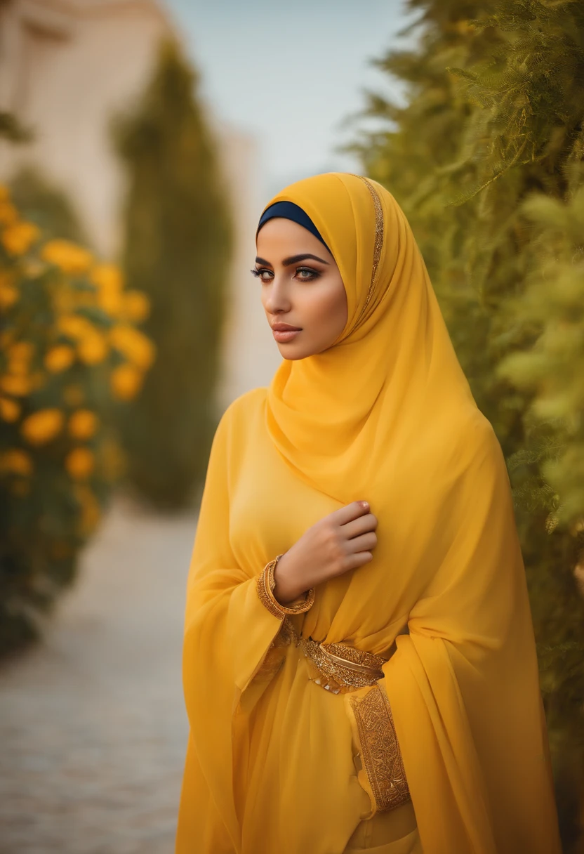 beautiful Arabian girl, beautiful middle eastern, with hijab, yellow hijab, regular body, outdoor, plants, sky.