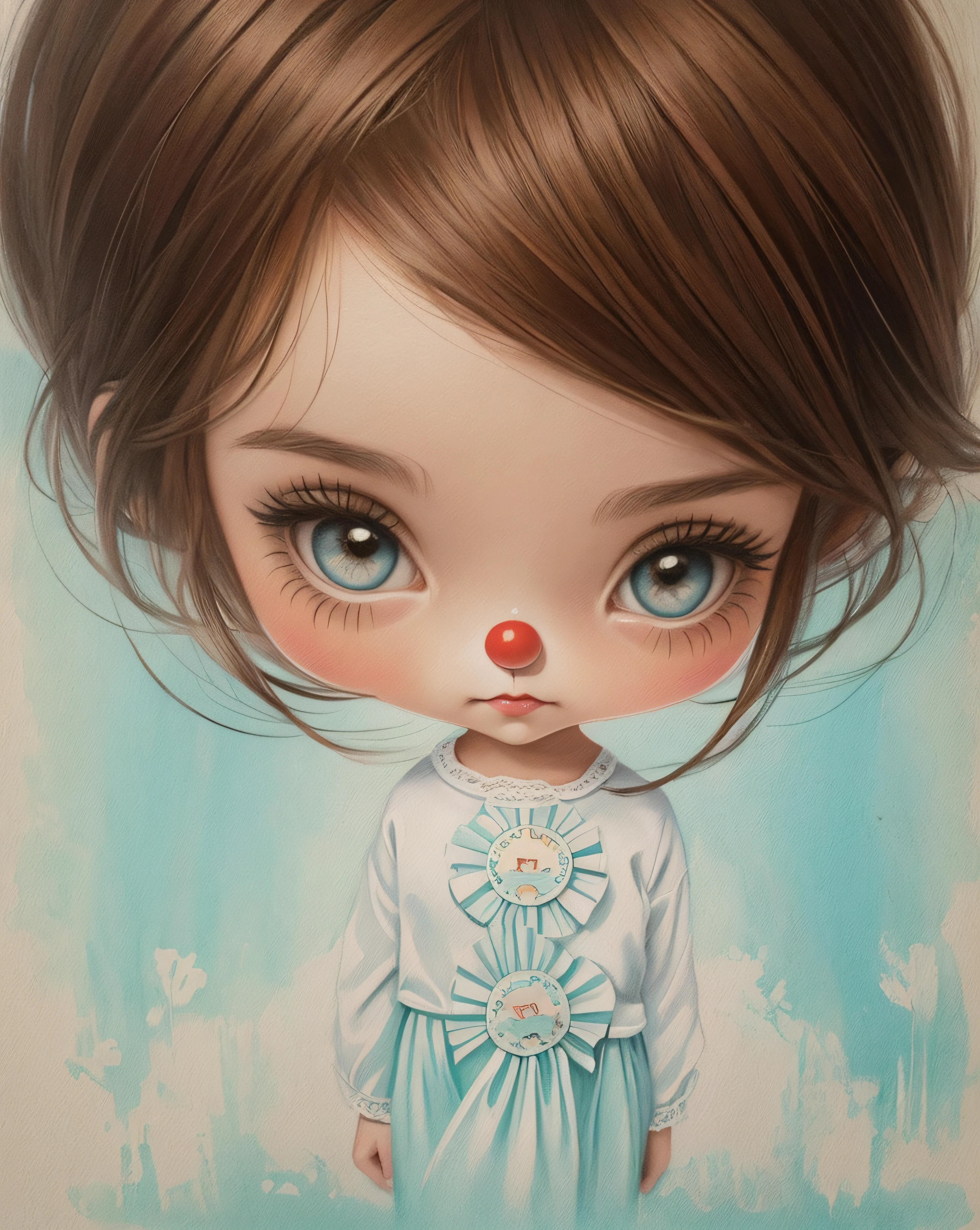 A painting of a girl with a clown's nose, Mixed media illustration, Chica con ojos blancos, LinDo arte Digital DetallaDo, lindas ilustraciones detalladas, Girl with brown hair, illustration cute, lindas ilustraciones, artistic illustration, por Marie Angel, por Ksenia Milicevic, por Alice Through, Inspirado en Nicoletta Ceccoli