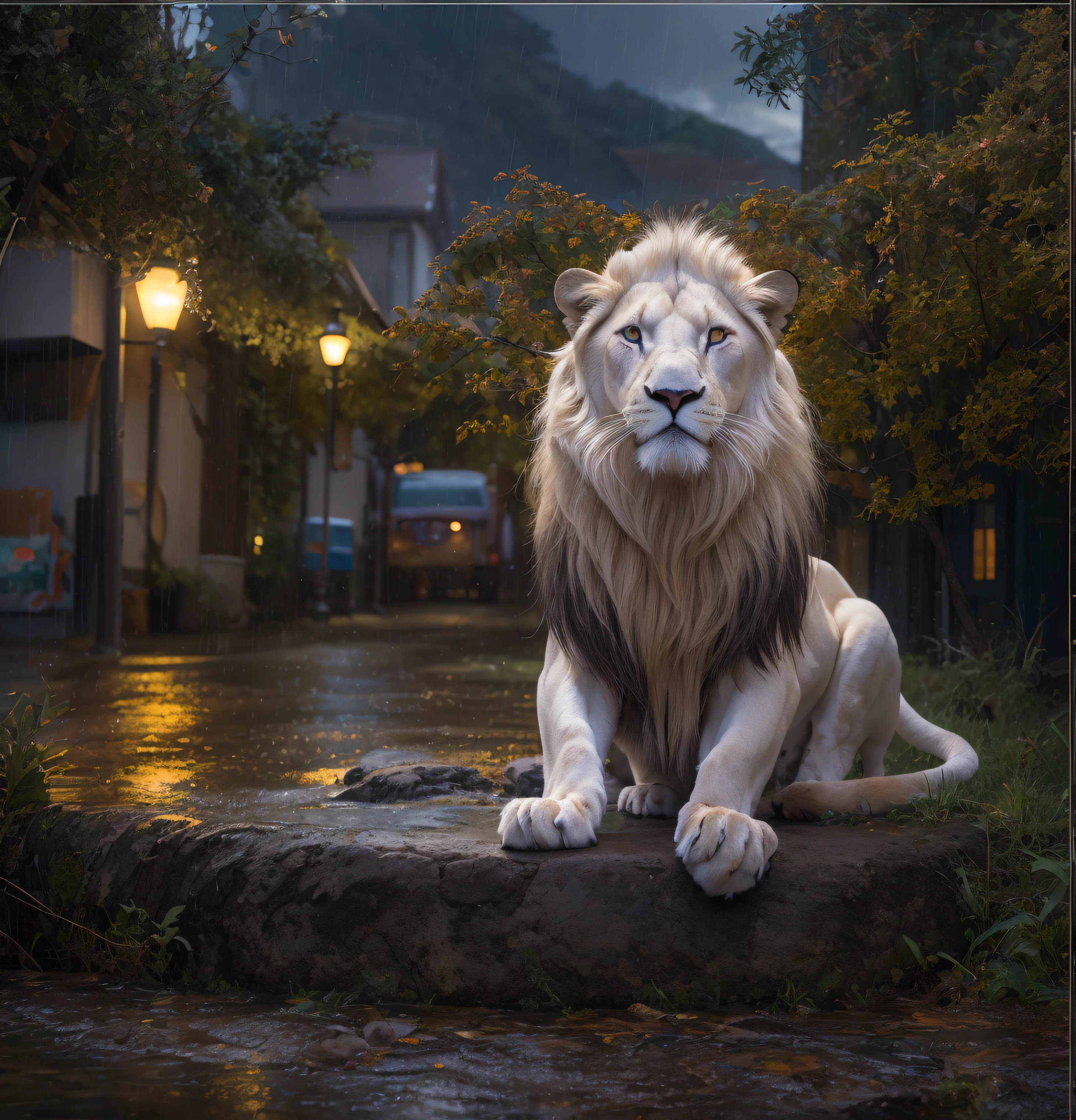 white lion, pelo molhado, chuva forte, em uma margem de rio, Vibrantly colored vegetation in the environment, ultra detalhado, obras de arte intrincadas, 8Khyper realista foto de capa deslumbrante em cores, Night of lighting in the background, intrincado. Definition of Blockbuster, cinemactic, 8k resolution realistic photo masterpiece: