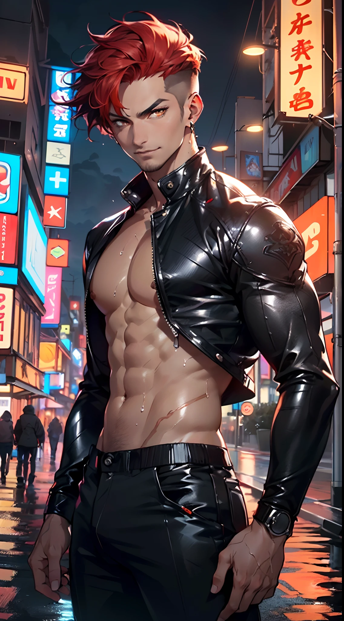 (1man:1.3),20-year-old,muscle,

muscle man,(((male gender:1))),

black hair,(((red_eyes:1.3))),intricate eyes,big pectorals,((muscle body,perfect anatomy))),

serious and thoughtful man,(nsfw),

(((dirty skin:1.5,lustrous skin:1.5,bright skin: 1.5,skin tanned,shiny skin,very shiny skin,shiny body,plastic glitter skin,exaggerated shiny skin,illuminated skin,wet legs))),(detailed body),

Wild Spike Black Saiyan, dirt smeared face,toned athletic body, (((has bare back and chest))), ((wet clothes,intricate outfit,intricate clothes,dirty clothes,torn clothes)),

(dynamic pose:1.0),solo focus,(angry),(centered,scale to fit dimensions,Rule of thirds),

cyberpunk city by the ocean at night, with bright neon signs and dark stormy clouds and puddles, scenery:1.25,

artistic photography,(photography taken by sldr),highres, sharp focus, (ultra detailed, extremely detailed), (photorealistic artwork:1.37),(extremely detailed CG unity 8k wallpaper),((synthwave background theme)),(((vibrant colors))),(intricate background),(masterpiece),(best quality),