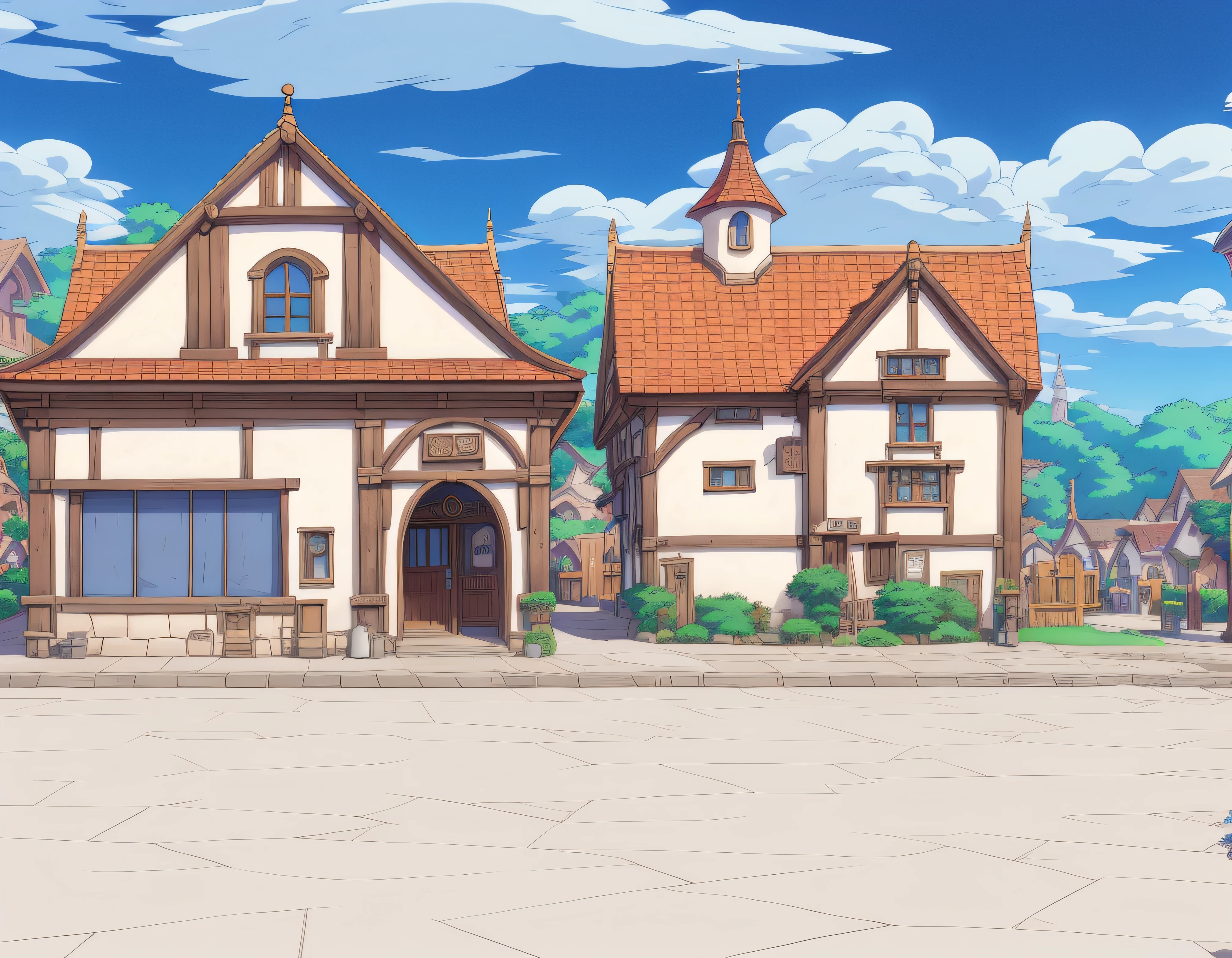 Anime-style architecture，There are benches and a horse in front, town center background, town background, town in the background, tavern background, Anime background art, arte de fundo, Some houses in the background, distant village background, anime backgrounds, fundo de casa, background hyper detailed, anime style cityscape, fantasy tavern background, arena background, small town surrounding