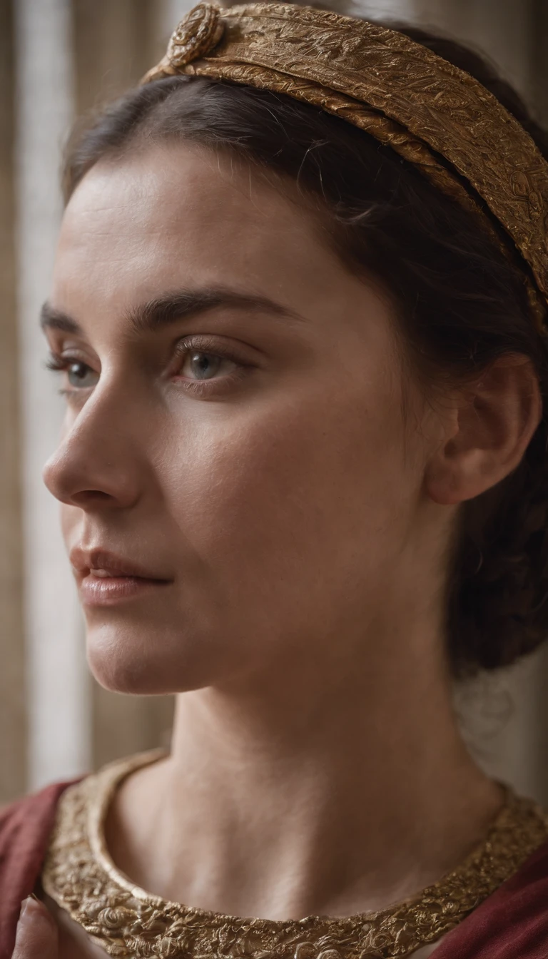Ancient Roman woman using facial cream to improve her complexion, facing the camera, Mola 35mm, fotografia, ultra detalhes, detalhes de textura precisos HDR, UHD,64 mil
