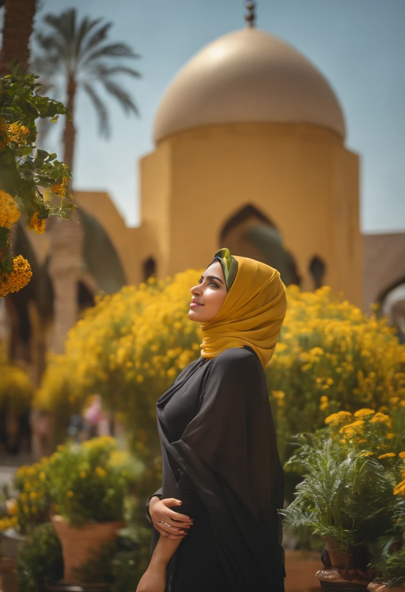 beautiful Arabian girl, beautiful middle eastern, with hijab, yellow hijab, regular body, outdoor, plants, sky, full cheeks, in cairo, shopping mall