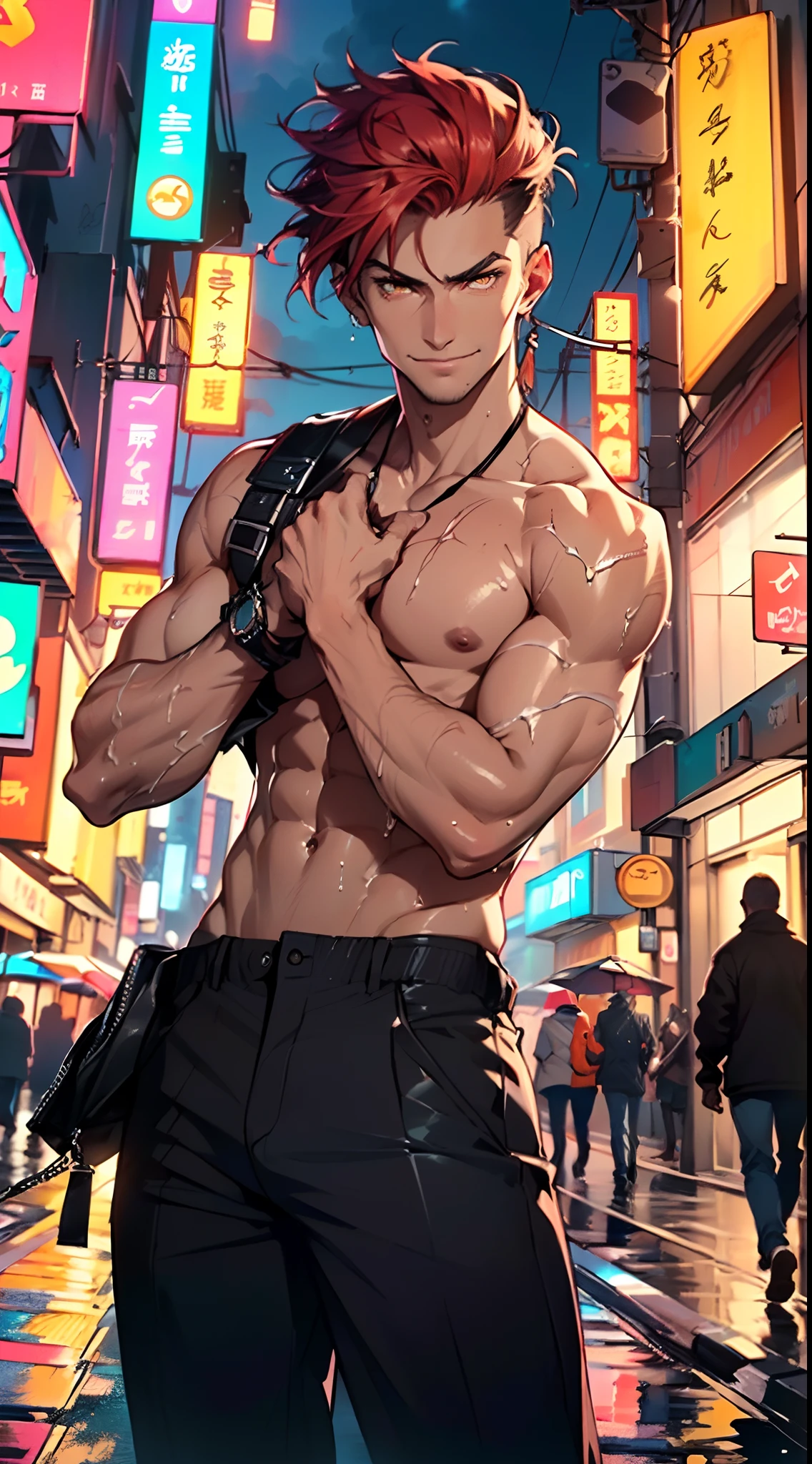 man:1.5,1 man,thief man,(((1man))),((man with stylish short hair)),
(((1male,man:1.5,handsome man,male,male gender:1.5,male focus))),macho man,
((short red hair,detailed hair,highly detailed hair,red hair,dyed interior hair,colored inner hair)),(((lustrous skin:1.5,tanned skin,bright skin: 1.5,skin tanned,shiny skin,very shiny skin,shiny body,illuminated skin))),(((orange eyes:1.2))),intricate eyes,beautiful detailed eyes,symmetrical eyes,((man chest)),handsome face,((muscular)),((hand consists of a short thumb and four fingers,a hand with only five fingers,(detailed face))),
alluring look,nsfw,
(((bare chest))),elegant white pants,((bulge in pants)),((elegant thief outfit)),(wearing a elegant thief outfit:1.3,thief clothes),((wet clothes,intricate outfit,intricate clothes)),
(dynamic pose:1.0),solo focus,((evil smile,evil look)),(centered,scale to fit dimensions,Rule of thirds),
cyberpunk city by the ocean at night, with bright neon signs and dark stormy clouds and puddles, scenery:1.25,
highres, sharp focus, (ultra detailed, extremely detailed), (photorealistic artwork:1.37),(extremely detailed CG unity 8k wallpaper),((synthwave background theme)),(((vibrant colors))),(intricate background),(masterpiece),(best quality),