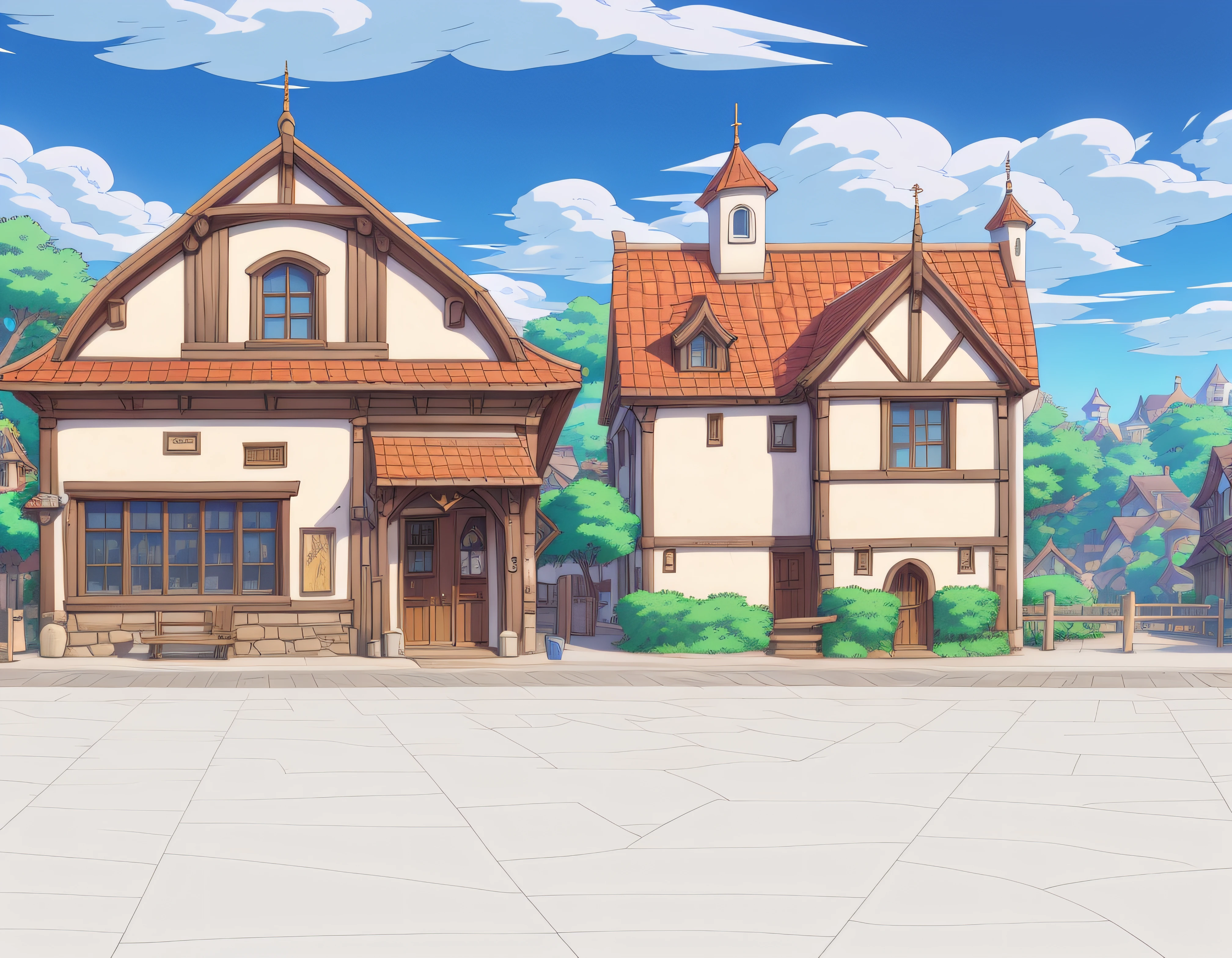 Anime-style architecture，There are benches and a horse in front, town center background, town background, town in the background, tavern background, Anime background art, arte de fundo, Some houses in the background, distant village background, anime backgrounds, fundo de casa, background hyper detailed, anime style cityscape, fantasy tavern background, arena background, small town surrounding