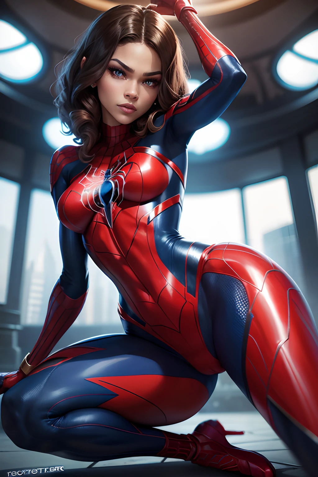 Zendaya Maree Stoermer Coleman,spider woman,beautiful detailed eyes,red/blue,sexy split pose,soft lighting,ultra-detailed,glamorous,dreamy color palette,photorealistic:1.1 camel toe 1.2