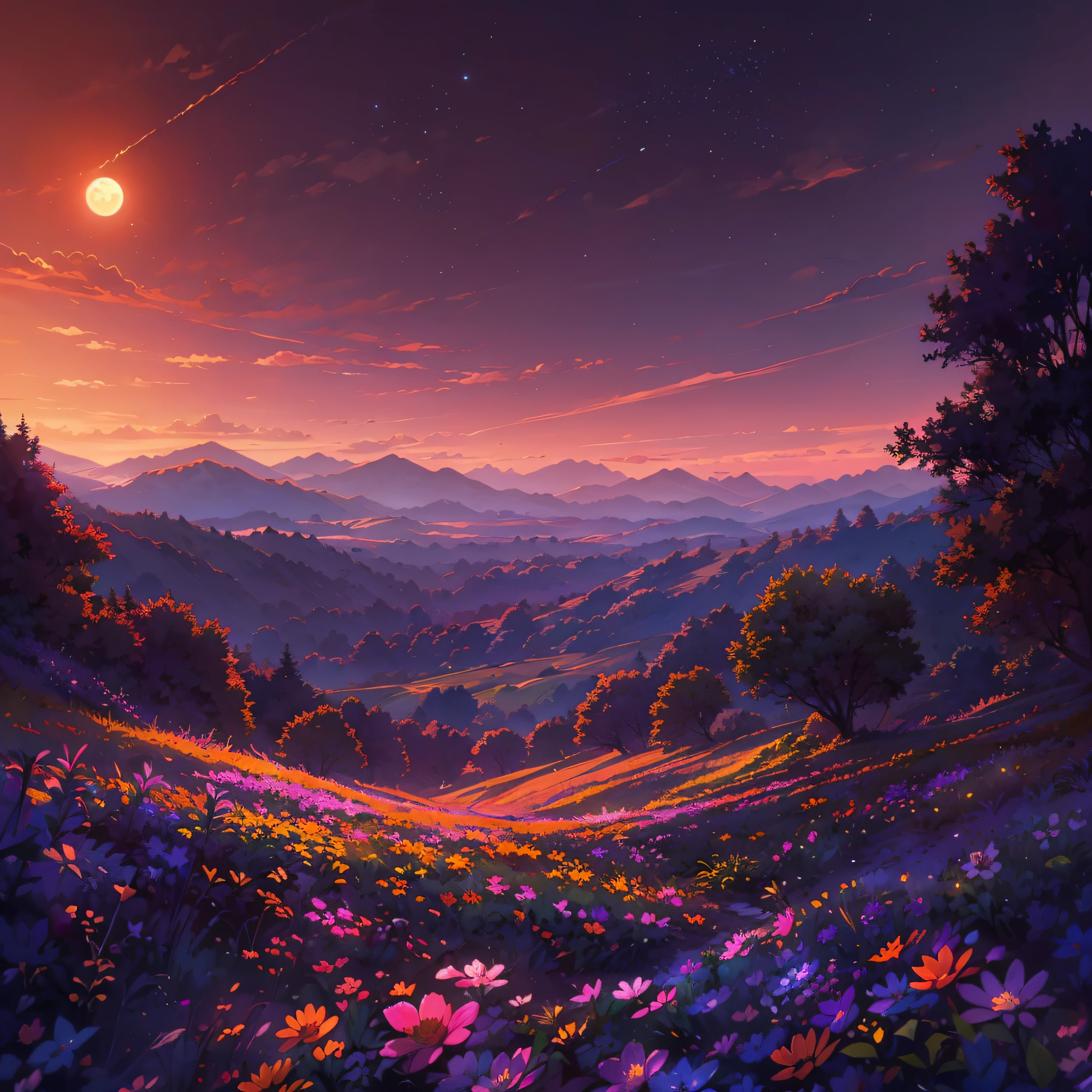 A wide landscape photo, (viewed from below, the sky is above, and the open field is below), a girl standing on a flower field looking up, (full moon: 1.2), (meteor: 0.9), (nebula: 1.3), distant mountains , Trees BREAK Crafting Art, (Warm Light: 1.2), (Firefly: 1.2), Lights, Lots of Purple and Orange, Intricate Details, Volumetric Lighting BREAK (Masterpiece: 1.2), (Best Quality), 4k, Ultra Detailed, (Dynamic Composition: 1.4), Rich in Detail and Color, (Rainbow Color: 1.2), (Glow, Atmospheric Lighting), Dreamy, Magical, (Solo: 1.2)