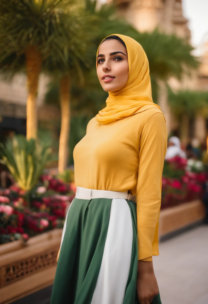 Malay girl wear white hijab, wear pastel green floral Turtle Neck Tee & Flare Skirt with her friends in bustop, smiling, wear gold necklace, front view, hijab blown, windy, detail skin, age spot, detail skin texture, mole below eyes, small breast, flat chest, wide hips, small waists, thick thighs, slim abs, beautiful body, morning, laughing, happy, bright lighting, people in background, city background, blur background, bokeh, location: busstop