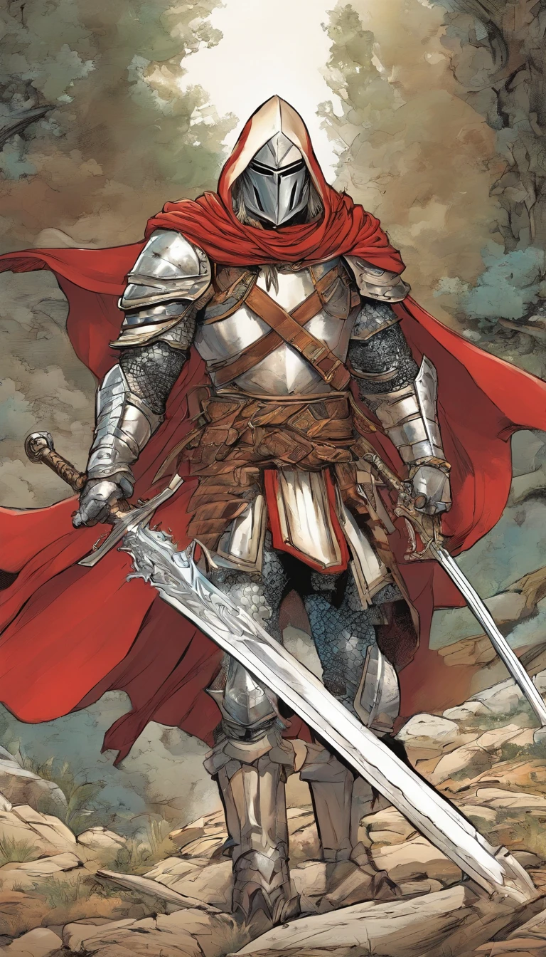 One Male albino knight with long hair, wearing heavy armor with a red hood carrying a long swords