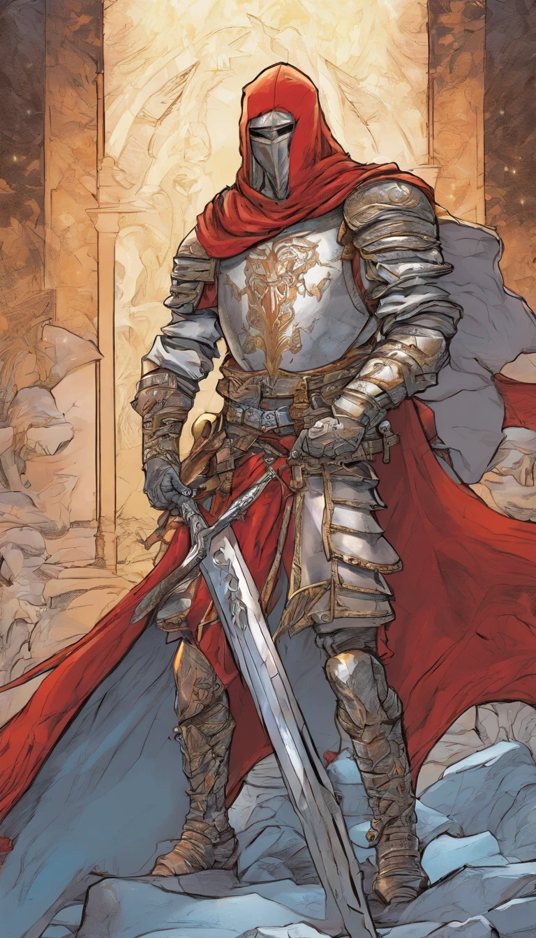 One Male albino knight with long hair, wearing heavy armor with a red hood carrying a long swords