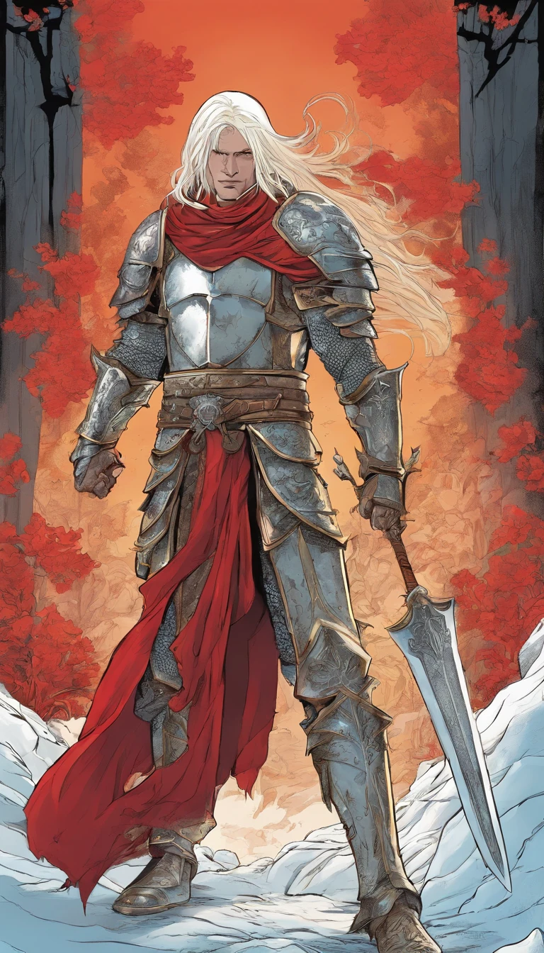 One Male albino knight with long hair, wearing heavy armor with a red hood carrying a long swords