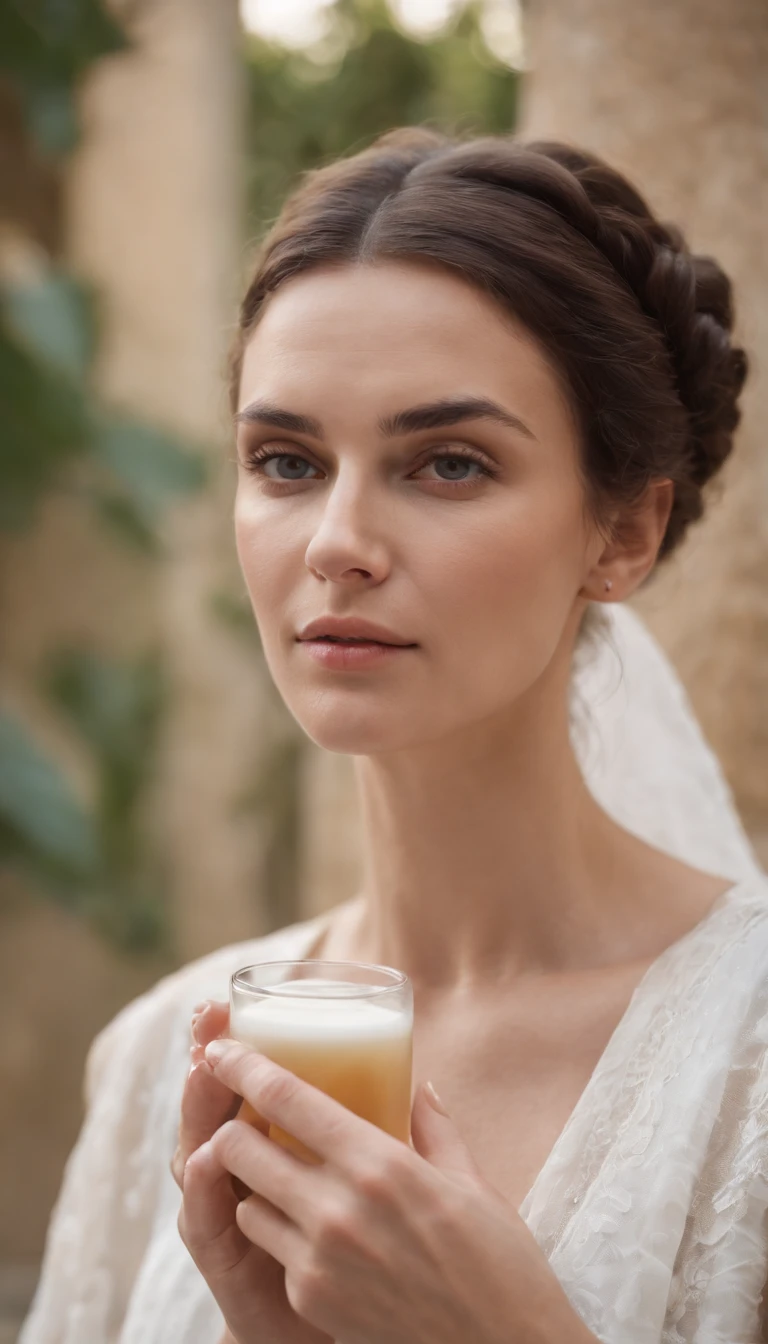 Ancient Roman woman holding a glass of facial cream in her hand to apply on her face to improve the complexion, Mola 35mm, fotografia, ultra detalhes, detalhes de textura precisos HDR, UHD,64 mil