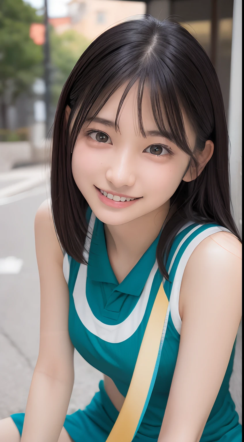 masutepiece, Best Quality, 8K, , Raw photo, absurderes, award winning portrait, Smile, Smile, Solo, Night, neons, Idol face, violaceaess, gardeniass, Delicate girl, Upper body, Digital SLR, Looking at Viewer, Candid, Sophisticated, zora々Right, Thin arms, Professional Lighting, Film grain, chromatic abberation, (Eyes and faces with detailed:1.0), (Bokeh:1.1) , Volleyball Uniforms , Short hair