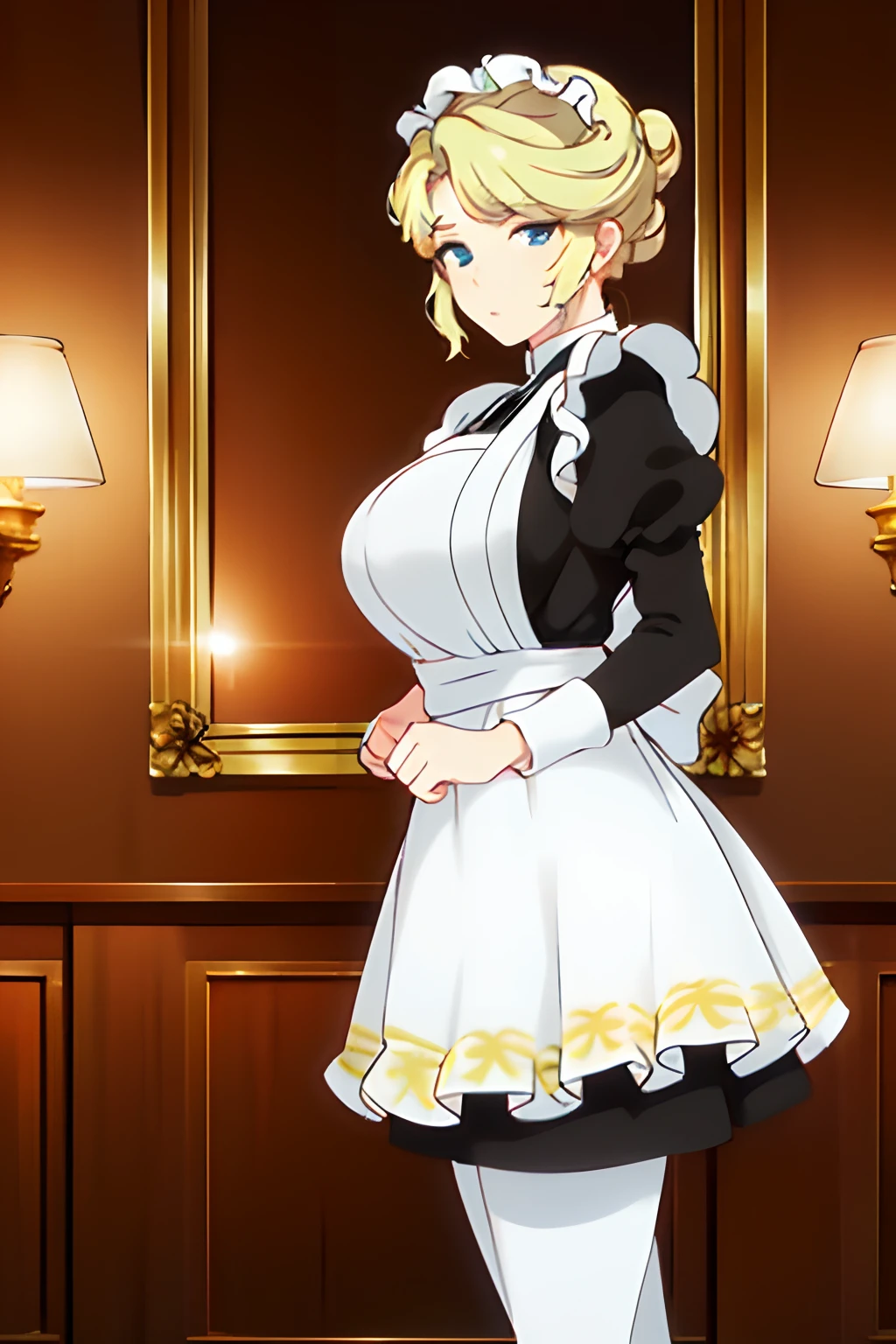 White and yellow dress on the shoulders, (black_Pantyhose), maid_aprons, maid_headdress, maid_Long_Skirt, mitts, Blonde hair, Short hair, hair-bun,
1 girl, 20yr old,younger female,Beautiful Finger,Beautiful long legs,Beautiful body,Beautiful nose,Beautiful character design, Perfect eyes, Perfect face,Expressive eyes, view the viewer, In the center of the image,(Light_Smile:0.5), offcial art,Extremely detailed Cg Unity 8K wallpapers, Perfect lighting,Colorful, Bright_Front_face_lighting,Shiny skin, (Masterpiece:1.0),(Best_quality:1.0), 超A high resolution,4K,Ultra-detailed, Photography, 8K, hdr, A high resolution, absurderes:1.2, Kodak Portra 400, filmgrain, The background is blurred out, Bokeh:1.2, Lens flare, (vibrant_Color:1.2) (Beautiful,Large_Breasts:1.0), (Beautiful_face:1.5),(Narrow_waistup)