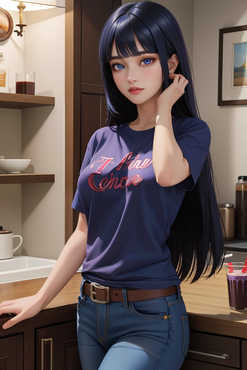 (8k, RAW photo, best quality, masterpiece:1.2), (intricate details), perfect eyes, perfect face, perfect lighting, beautiful, (masterpiece:1.2), (best quality:1.2), 1girl, solo, marinette, dark blue hair, ((long hair down)), adult torso, , Blunt Bangs, purple eyes, (jeans, red t-shirt), holding a chocolate milkshake, cowboy shot, 3DMM