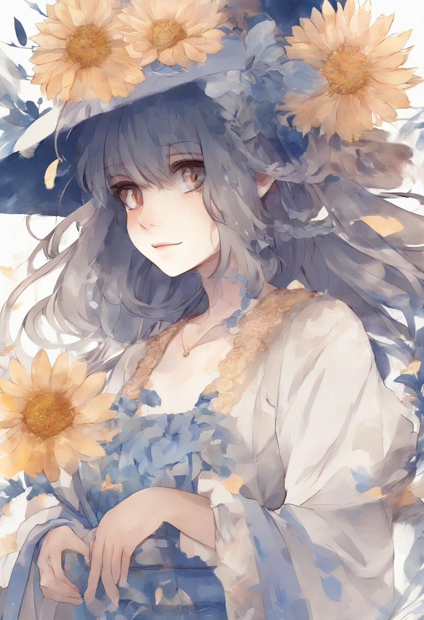 (Acuarelas:1.2),1girll, solamente, Flor, Girasol,peca, retrato, Hojas, flequillo, flor rosa, (Oro claro largo) cabello, ((Delicados ojos azules)), pelo entre los ojos, ((Sakuya Izayoi)), ((Touhou))