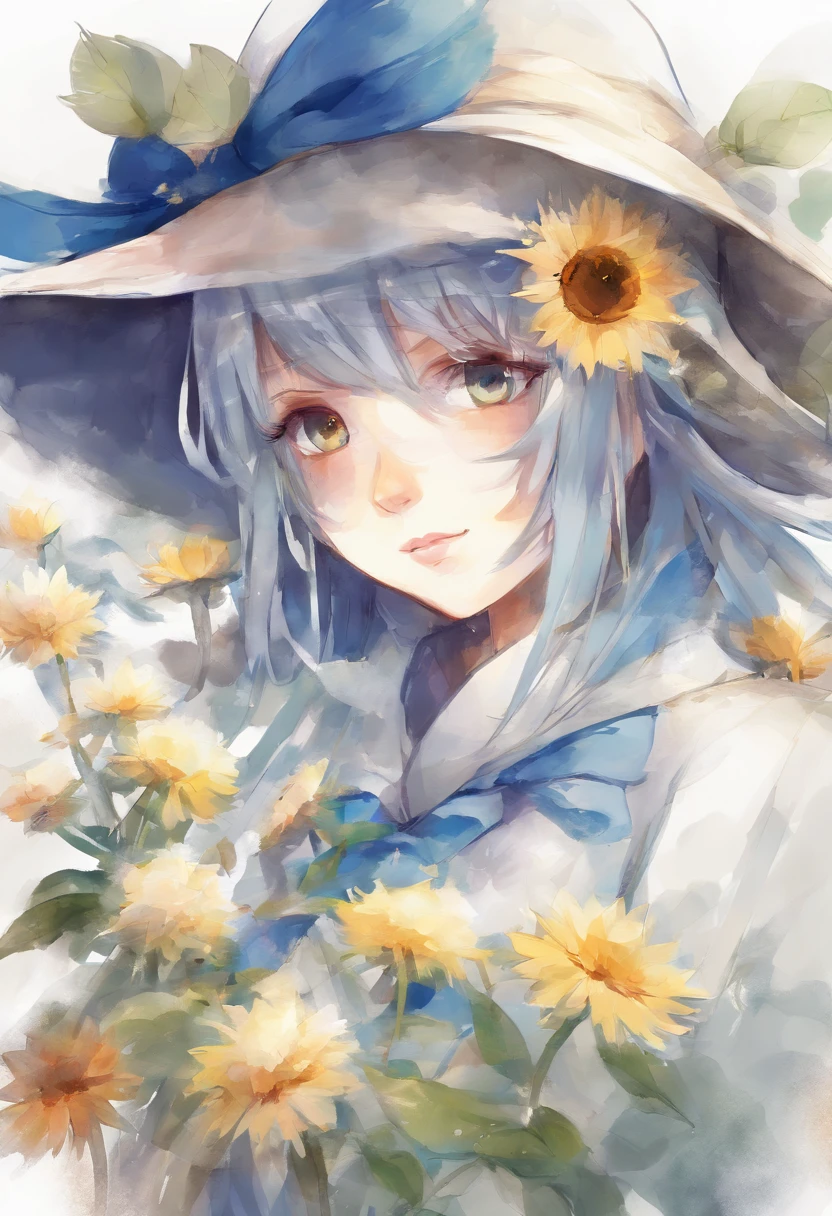 (Acuarelas:1.2),1girll, solamente, Flor, Girasol,peca, retrato, Hojas, flequillo, flor rosa, (Oro claro largo) cabello, ((Delicados ojos azules)), pelo entre los ojos, ((Sakuya Izayoi)), ((Touhou))