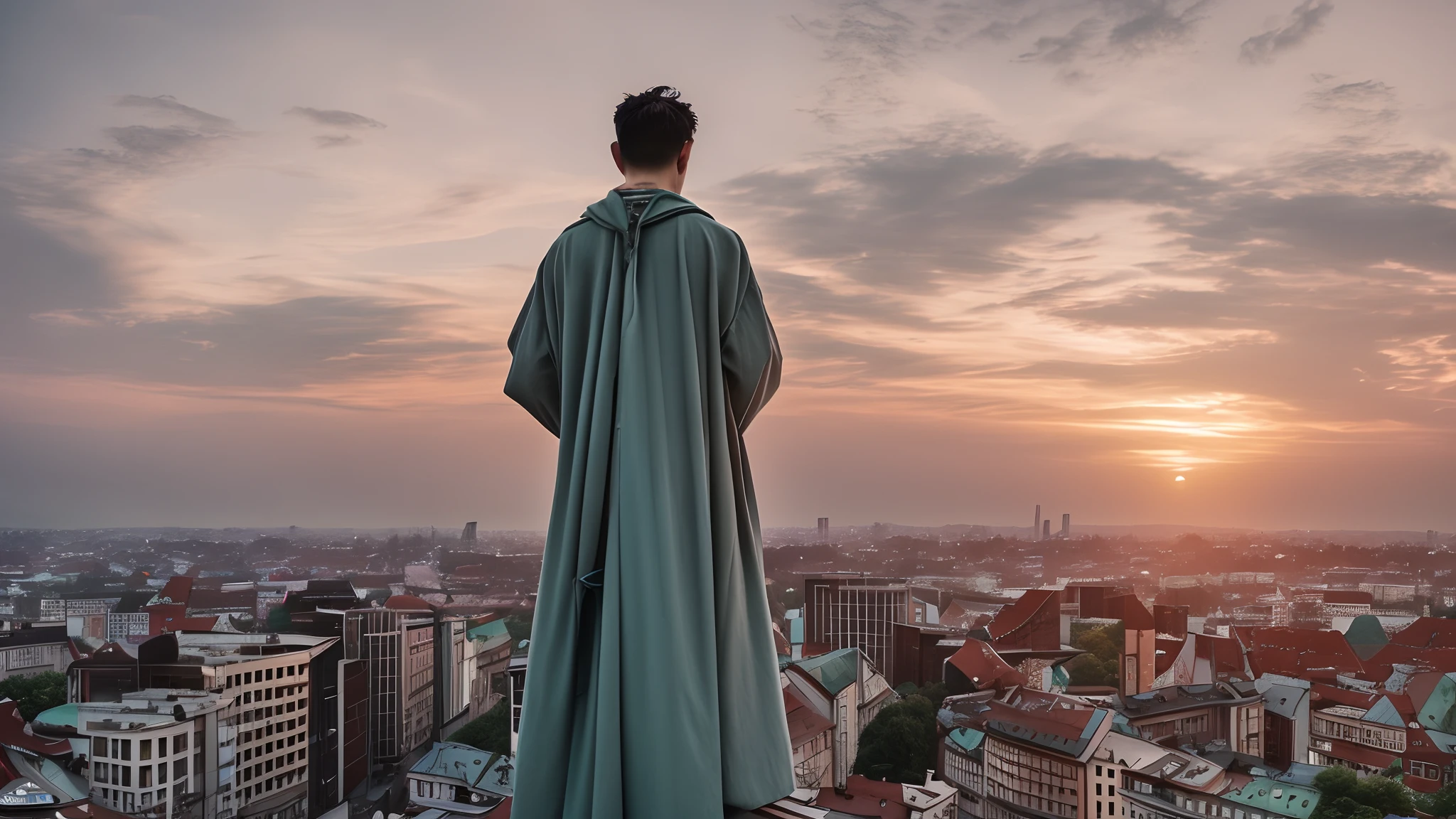 **person is standing in the breeze watching the sunset, in the style of vray tracing, ren hang, new leipzig school, sultan mohammed, light gray and emerald, urban life, Tivadar Csontváry kosztka - Image #1 --auto --s2