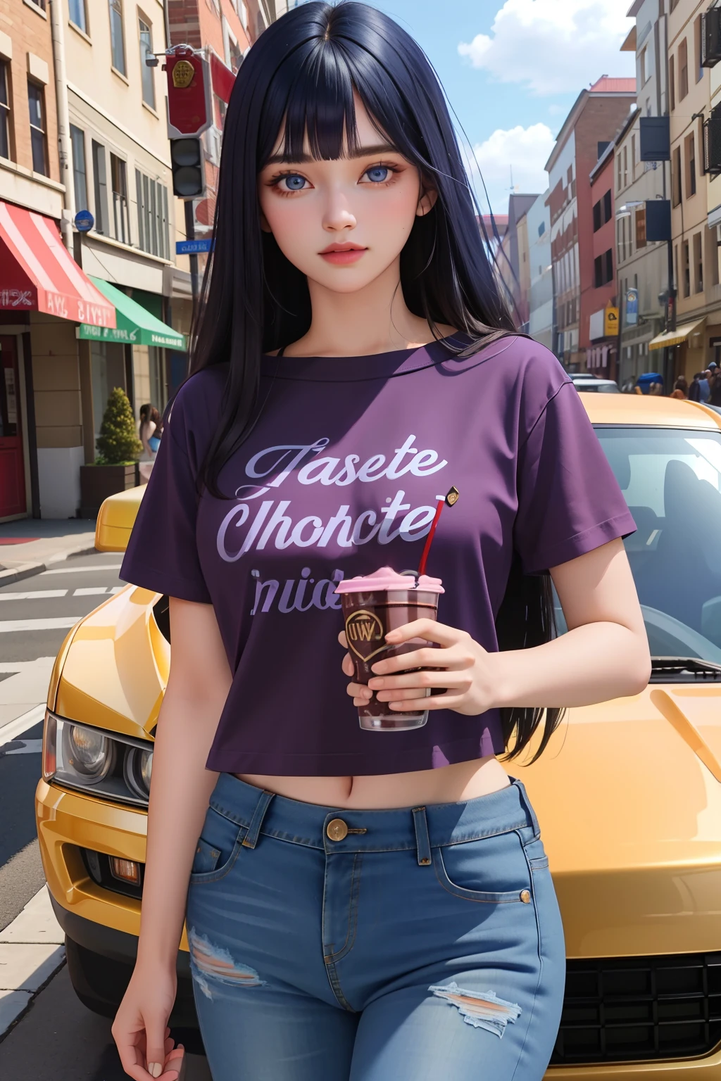 (8k, RAW photo, best quality, masterpiece:1.2), (intricate details), perfect eyes, perfect face, perfect lighting, beautiful, (masterpiece:1.2), (best quality:1.2), 1girl, solo, marinette, dark blue hair, ((long hair down)), adult torso, , Blunt Bangs, purple eyes, (jeans, red t-shirt), holding a chocolate milkshake, cowboy shot, 3DMM