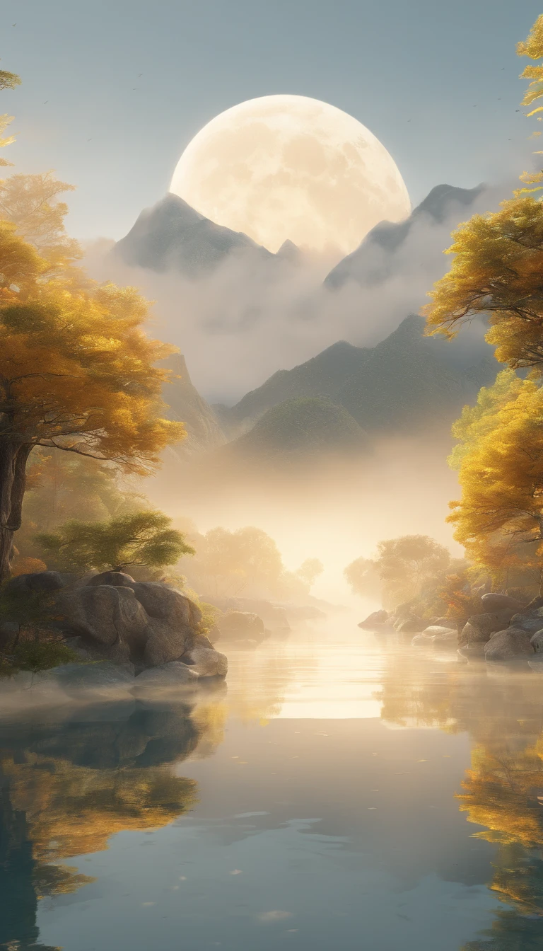 unmanned , outdoors , night , dream ,( dense fog :1.4), circular moon , mountain , river , the golden bough , sky , gold decoration ,
( minimalism :1.4), chinese classical art , yellow long upper shan , movie poster , a minimalist background ,3D, clean screen ,
Best quality , perfect lighting , Masterpiece , Official art ,8k, wallpar
huge filesize , huge file size , super Detailed , oc renderer ,
symmetrical shopping ,