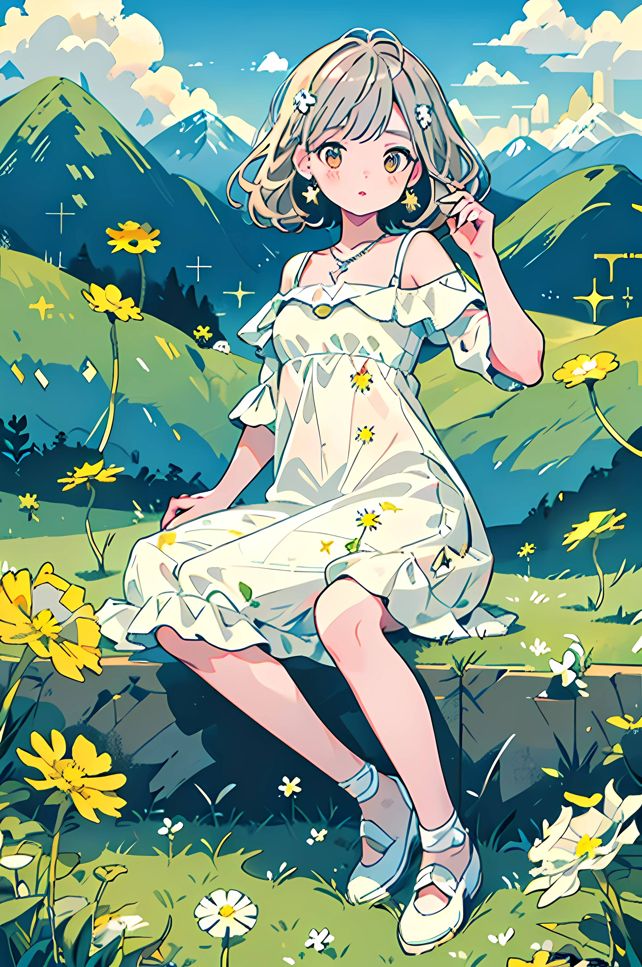 (Best quality, 4K, 8K, highs, Masterpiece: 1.2), Ultra detailed, Any time, Illustration art, Cardboard style, ((Girl sitting on grass:1.4)), Distance from mountains, urban skyline, White daisies, Yellow dress, Straight dress, Beautiful and detailed facial features, Pink lips, Brown eyes, Silver-gray hair, star-shaped earring, Exit the necklace, Modern minimalist attributes, Full body shot, Portrait photography, cinema shot, (Dancing dandelion: 1.3)