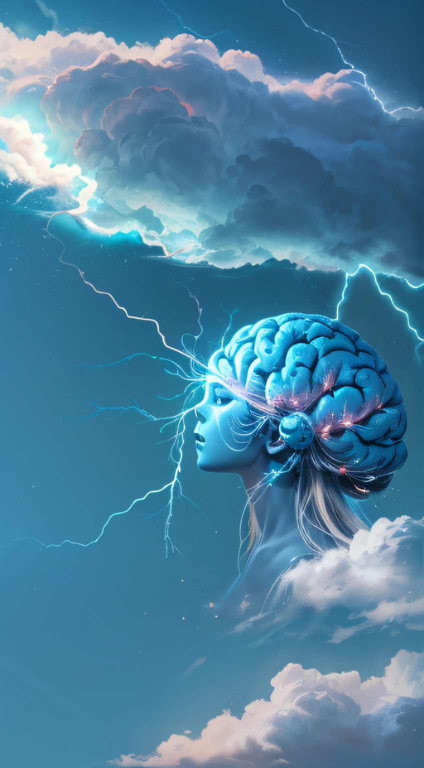 huge transparent levitating blue brain in profile, static electricity, lightning bolts, clouds, nice light,((ray-tracing)), lens flare, lightnings, abstract faded blue background, digital art, concept art, sci fi, masterpiece