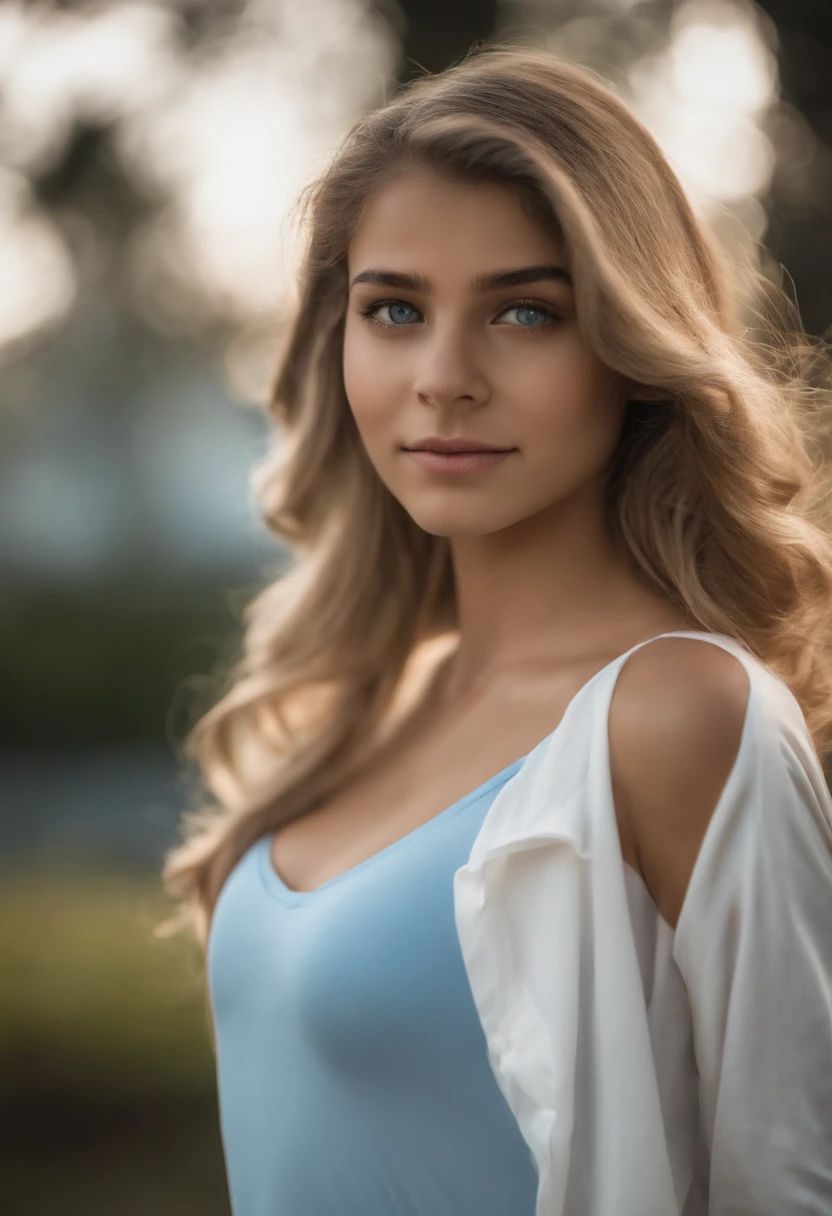 Retrato de corpo inteiro de uma menina estudante incrivelmente bonita sem maquiagem, 17 anos, /(Perfect and detailed hands, dedos finos, olhos perfeitos e altamente detalhados, rosto perfeito, Perfect and athletic body,), /(cabelo castanho claro longo em rabo de cavalo, Face triangular, olhos castanhos perfeitos, pernas torneadas, Corpo da ampulheta, Sexy,), /(Uniforme escolar: Sky Blues Jersey, blusa branca, minissaia branca, Meias azuis escuras,) extremely detailed light hazel eyes, detailed symmetric realistic face, textura natural da pele extremamente detalhada, peach fluff, master part, absurdos,