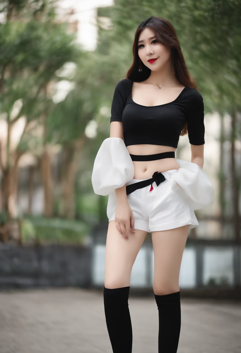 one-girl，Large chest，Black and white crop top top，Black double ponytail，long whitr hair，Bow knot，red color eyes，fully body photo，Stand up，perfect body figure，Slender legs，black lence stockings，