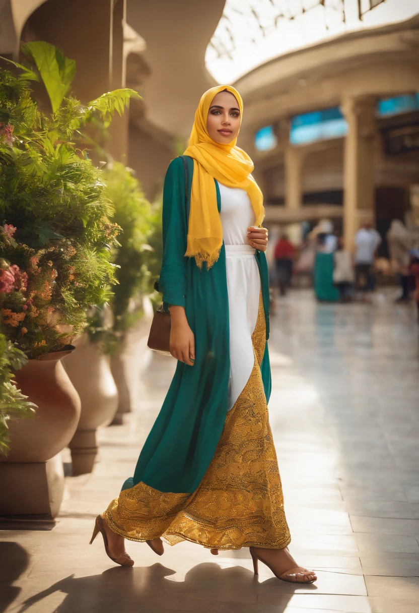 beautiful egyptian girl, beautiful middle eastern, with hijab, yellow hijab, white shirt, long skirt, athletic body, plants, sky, full cheeks, in cairo, shopping mall, realistic face, realistic skin