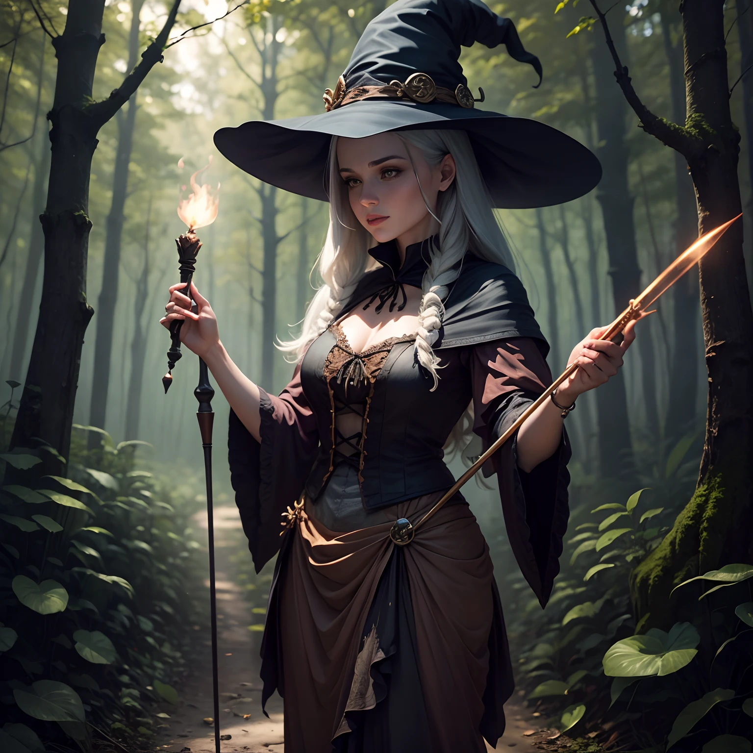 Witch with magic wand in hand in a forest
