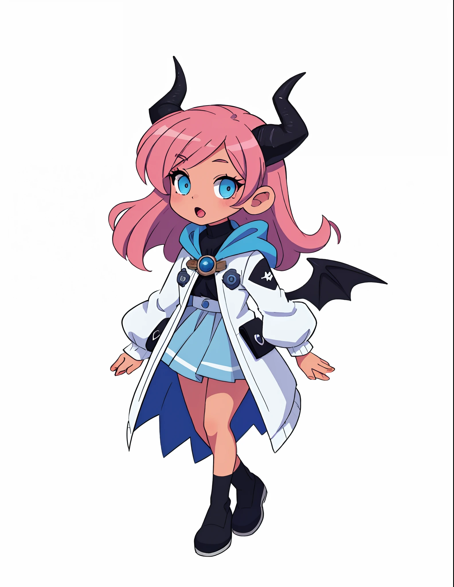 A girl, square, light skin, rose hair, blue cape, white jacket, Blue skirt, Cyan eyes, Black Demon Wings, Black Demon Horns