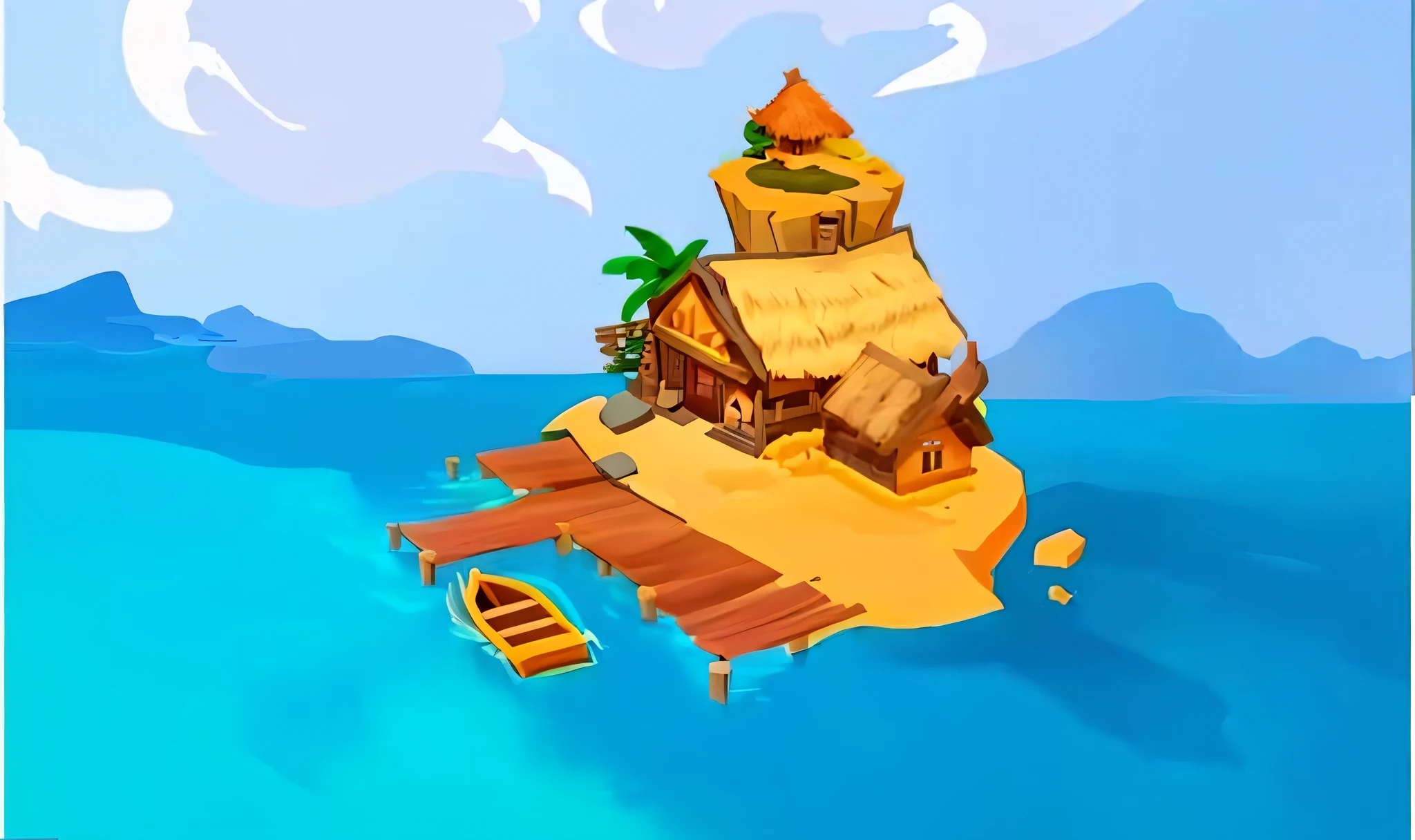 Cartoon illustration of a small island with a thatched roof and a boat, island background, stylized digital illustration, Stylized game art, Flying Island, Floating Island, An island in the background, pirate setting, Floating & Flying Island, The Art of Mobile Games, very stylized, simple, stylized, stylized concept art, Highly stylized, An island with a cave, On the island