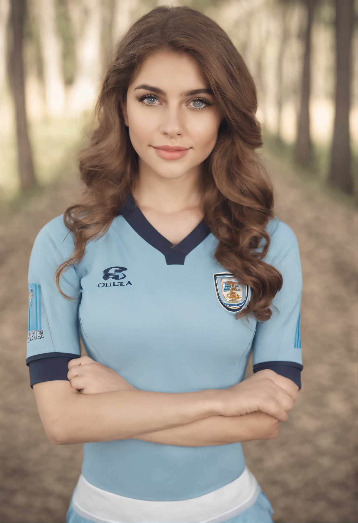 Retrato de corpo inteiro de uma menina estudante incrivelmente bonita sem maquiagem, 17 anos, /(Perfect and detailed hands, dedos finos, olhos perfeitos e altamente detalhados, rosto perfeito, Perfect and athletic body,), /(cabelo castanho claro longo em rabo de cavalo, Face triangular, olhos castanhos perfeitos, pernas torneadas, Corpo da ampulheta, Sexy,), /(Uniforme escolar: Sky Blues Jersey, blusa branca, minissaia branca, Meias azuis escuras,) extremely detailed light hazel eyes, detailed symmetric realistic face, textura natural da pele extremamente detalhada, peach fluff, master part, absurdos,