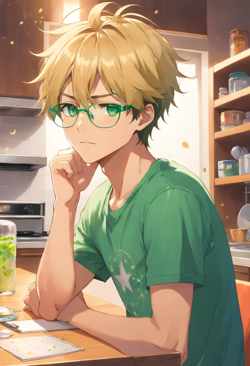 (Handsome guy, blonde man, Green eyes) There were freckles and green glasses in the shape of stars,There were handcuffs on his hands,A pulled-up white T-shirt showing his abs,Green shorts were removed, The guy was lying on the kitchen table,His pupils narrowed and he blushed and looked away