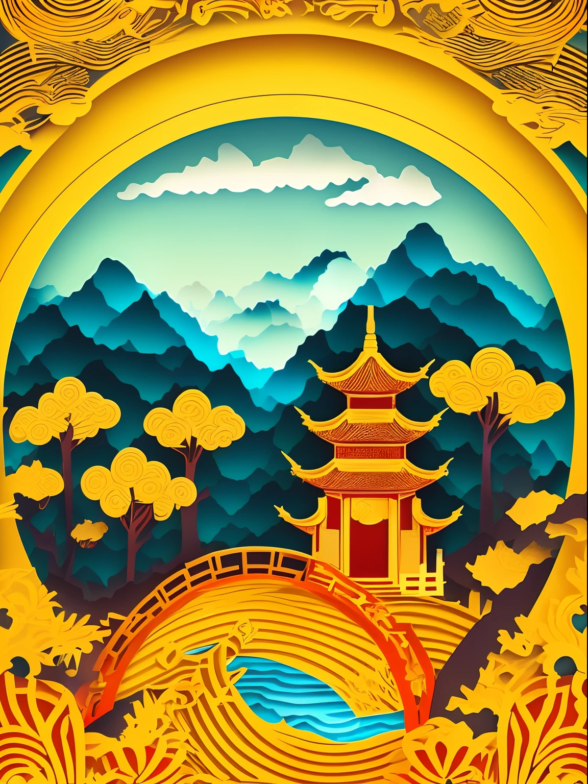 MDJRNY-PPRCT,Charming Chinese garden scenery，Chinese style buildings，mountain water，mountain ranges， rios， Auspicious clouds， Pavilions，  (high detal:1.2)