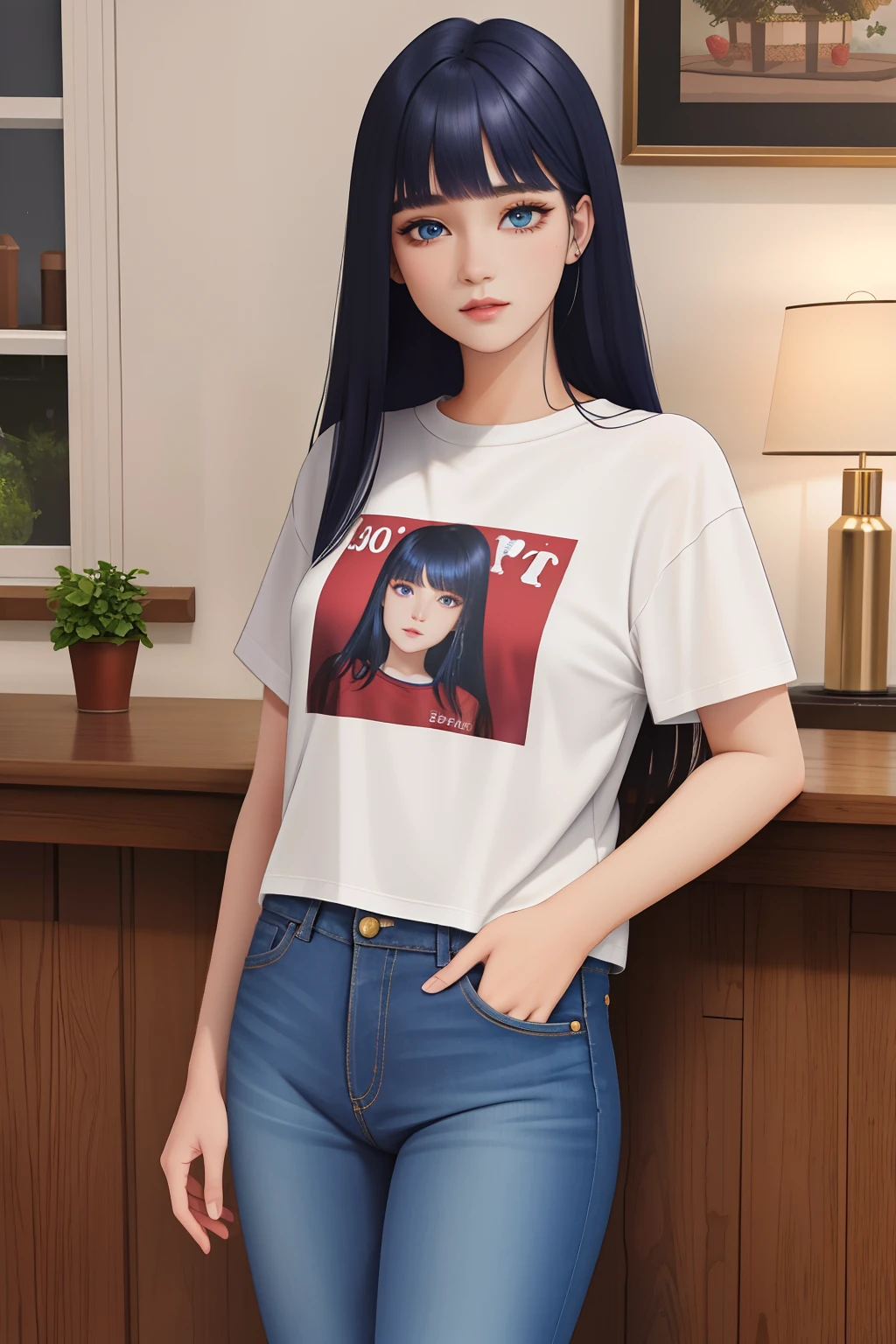 (8k, RAW photo, best quality, masterpiece:1.2), (intricate details), perfect eyes, perfect face, perfect lighting, beautiful, (masterpiece:1.2), (best quality:1.2), 1girl, solo, marinette, dark blue hair, ((long hair down)), adult torso, 17 years old, Blunt Bangs, purple eyes, (jeans, red t-shirt), holding a chocolate milkshake, cowboy shot, 3DMM