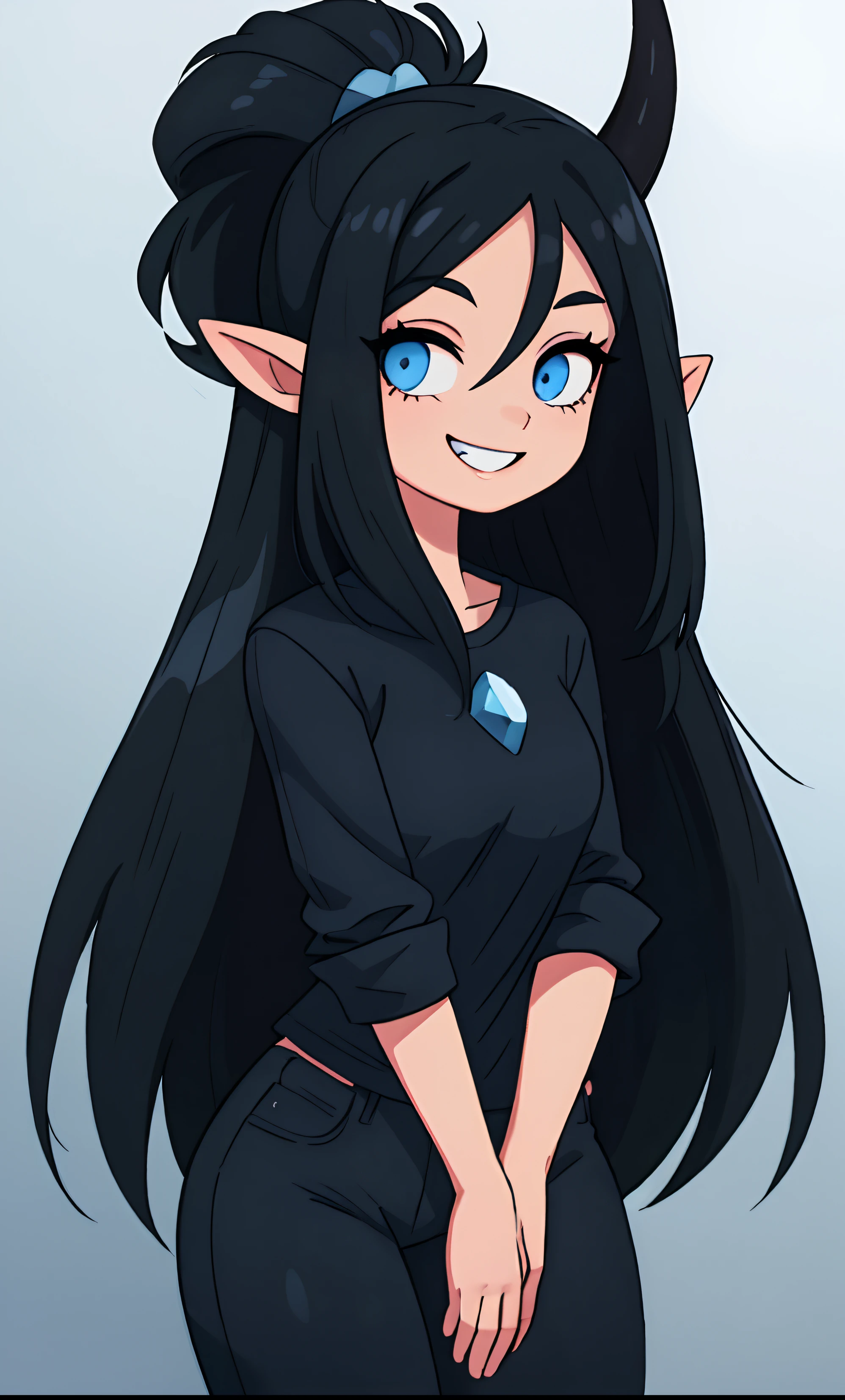 A girl, with long black hair, She is dressed in a soft blue top and black jeans, The color of the eye is pale blue, And the color of the second eye is black, on the head of the horns in blue, Accessory in the form of a star in white, smile on face, Big Elf Ears