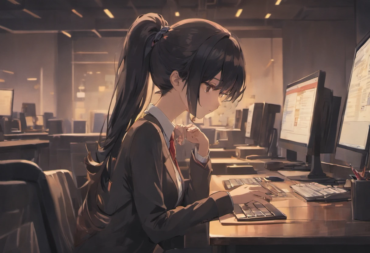 1girl, medium breasts, office attire, black hair in a loose ponytail, night time, girl sitting at a desk, computer monitor, worried