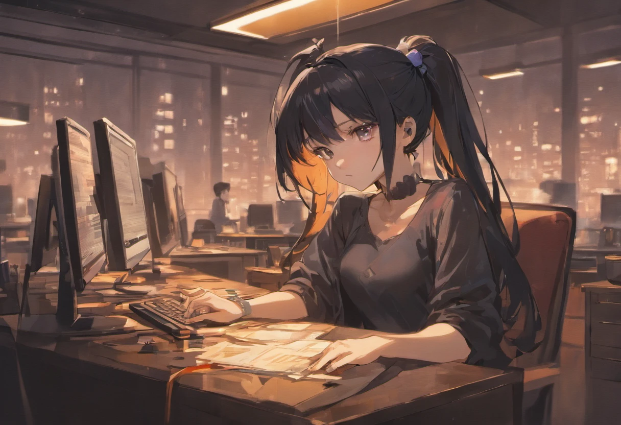 1girl, medium breasts, office attire, black hair in a loose ponytail, night time, girl sitting at a desk, computer monitor, worried