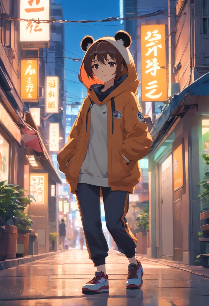 ((Foto en bruto)), ((obra-prima)), Anthropomorphic humanoid panda dressed in street clothes, Caminar entre personas, Detalles intrincados, intrincadas piezas de Greebles, City behind, Zapatillas de deporte, cuerpo musculoso, brazos musculosos, Small head, Ogro monstruoso, Titan, soft illuminaotion, hiperrealista